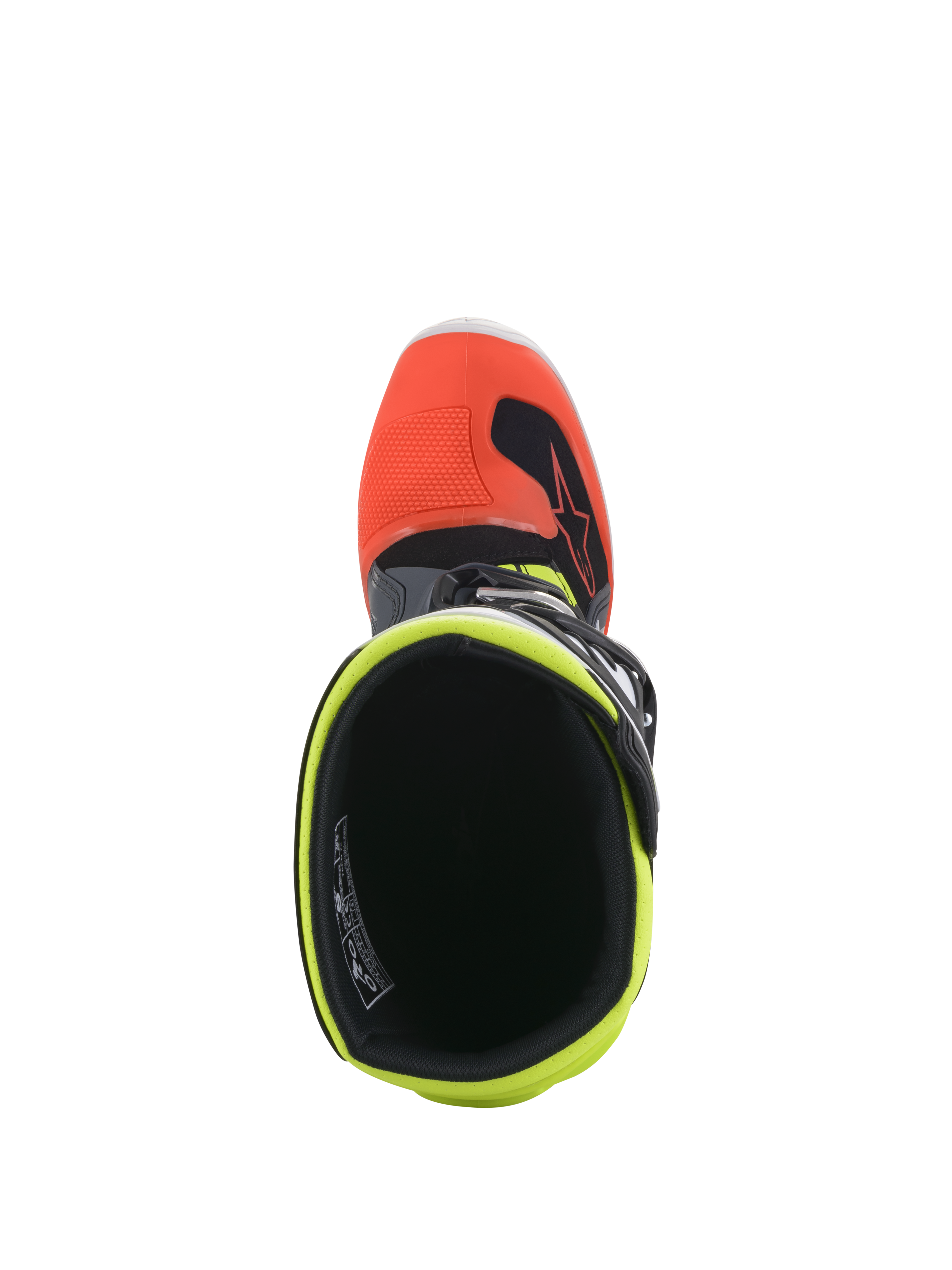 Alpinestars Youth Tech 7S Boots, Motocross Boots, Dark Gray with Red and Yellow Fluorescent accents, top-down view showing the interior opening with fluorescent yellow lining and red toe cap, designed for youth off-road racing.