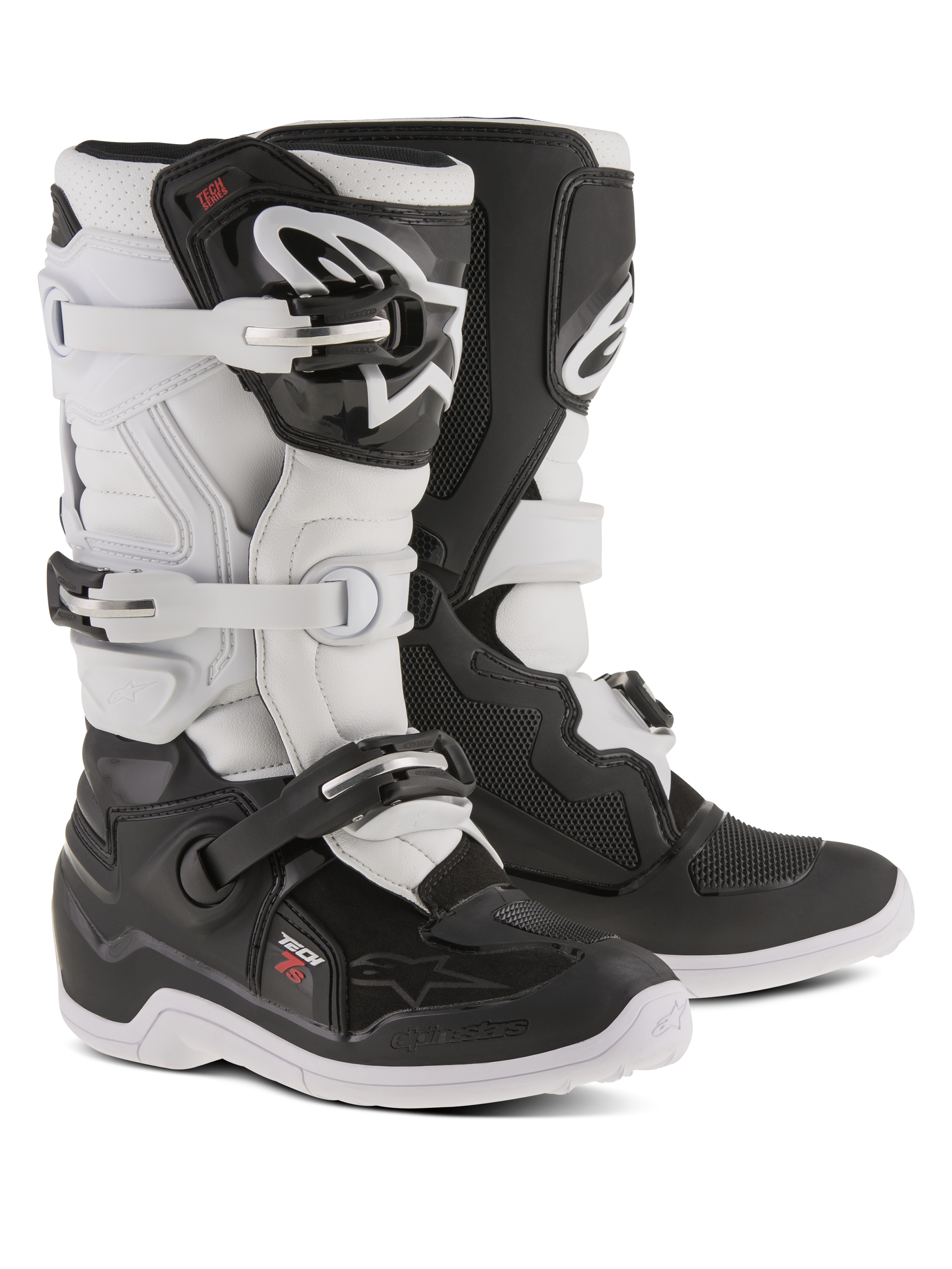 Buty Alpinestars Youth Tech 7S, buty motocrossowe, czarno-białe, regulowany system zapięcia na klamry, ochraniacz goleni TPU i system zawiasów, wytrzymała konstrukcja z grubą podeszwą z bieżnikiem do jazdy terenowej