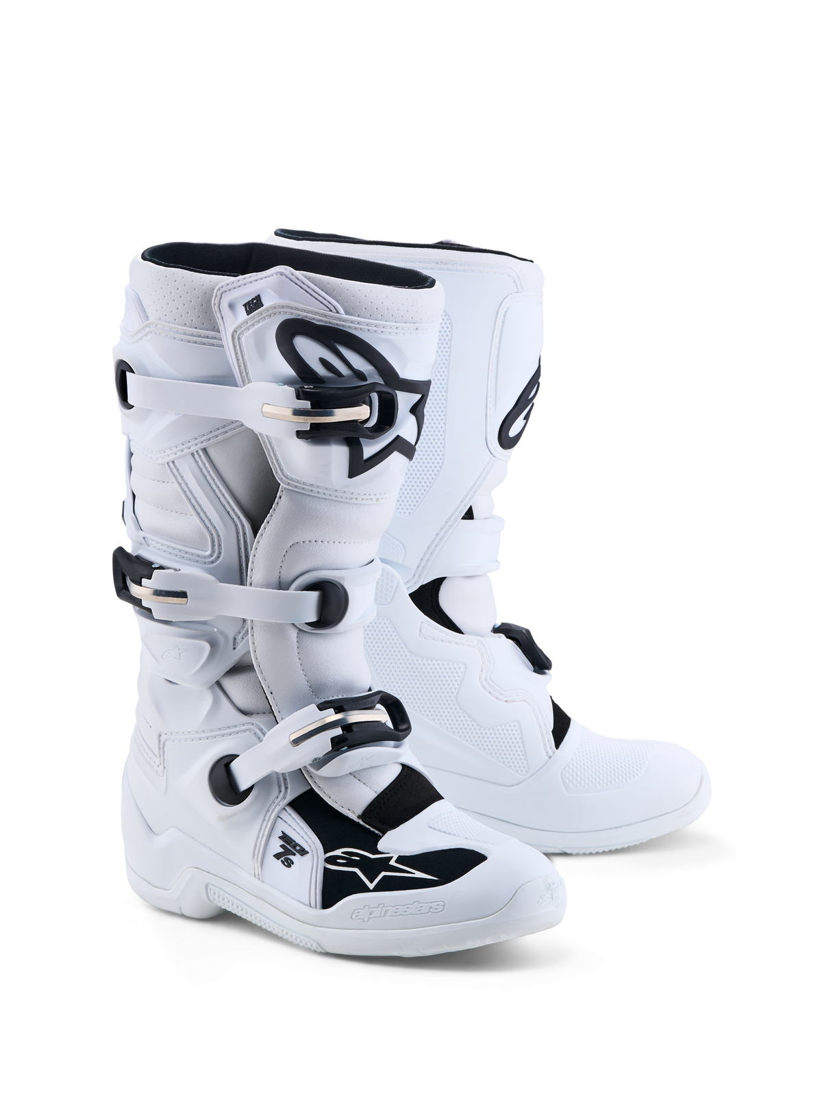 Buty Alpinestars Tech 7S Młodzieżowe, białe i czarne buty motocrossowe dla juniorów, ochrona TPU, certyfikowane CE, profesjonalny sprzęt wyścigowy off-road.
