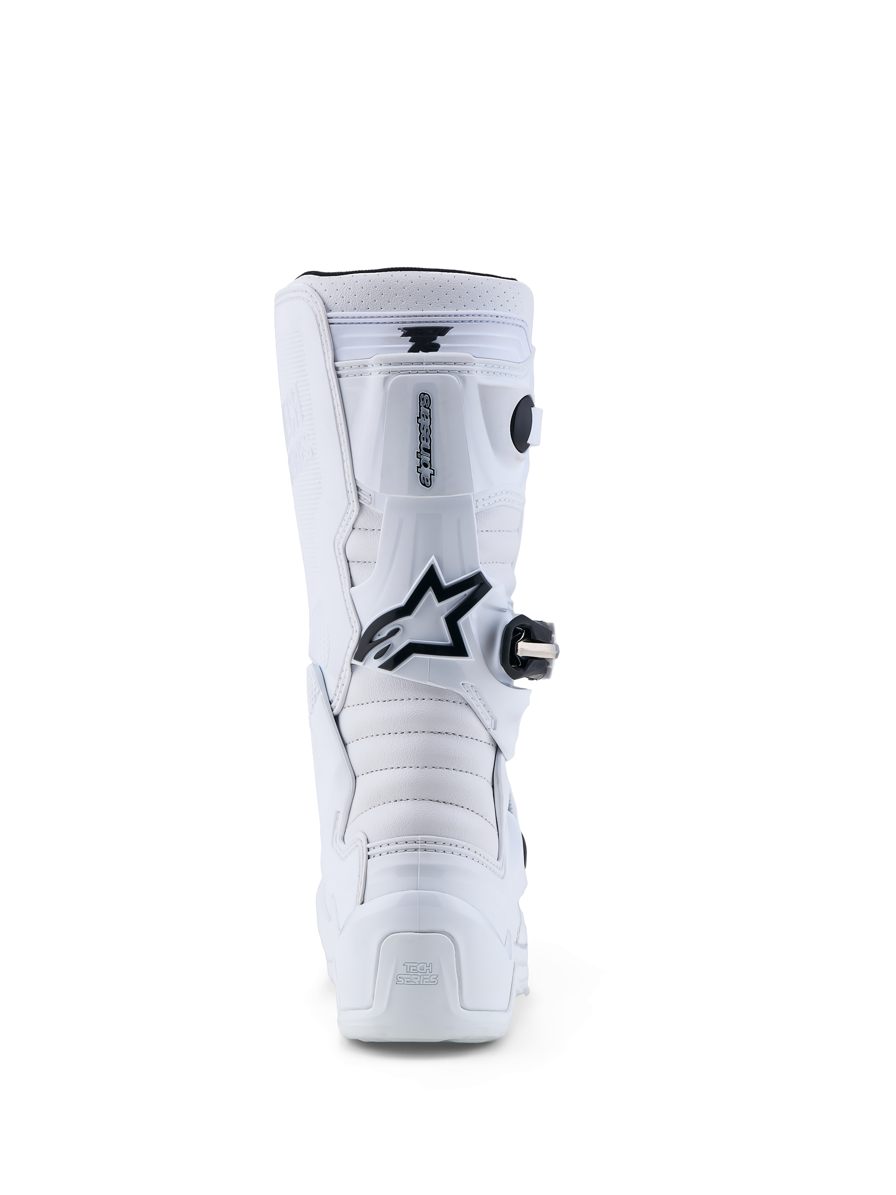 Alpinestars Youth Tech 7S Boots, white and black motocross boots for junior riders, rear view showing protective TPU plates.