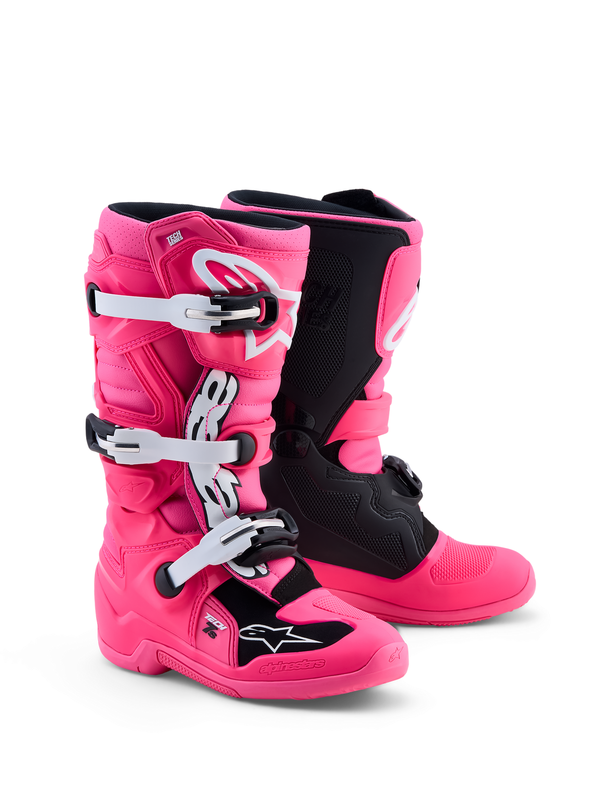 Alpinestars Tech 7S Młodzieżowe, buty motocyklowe motocrossowe, różowe fluo i czarne, certyfikowane CE, wytrzymała ochrona TPU dla juniorów.