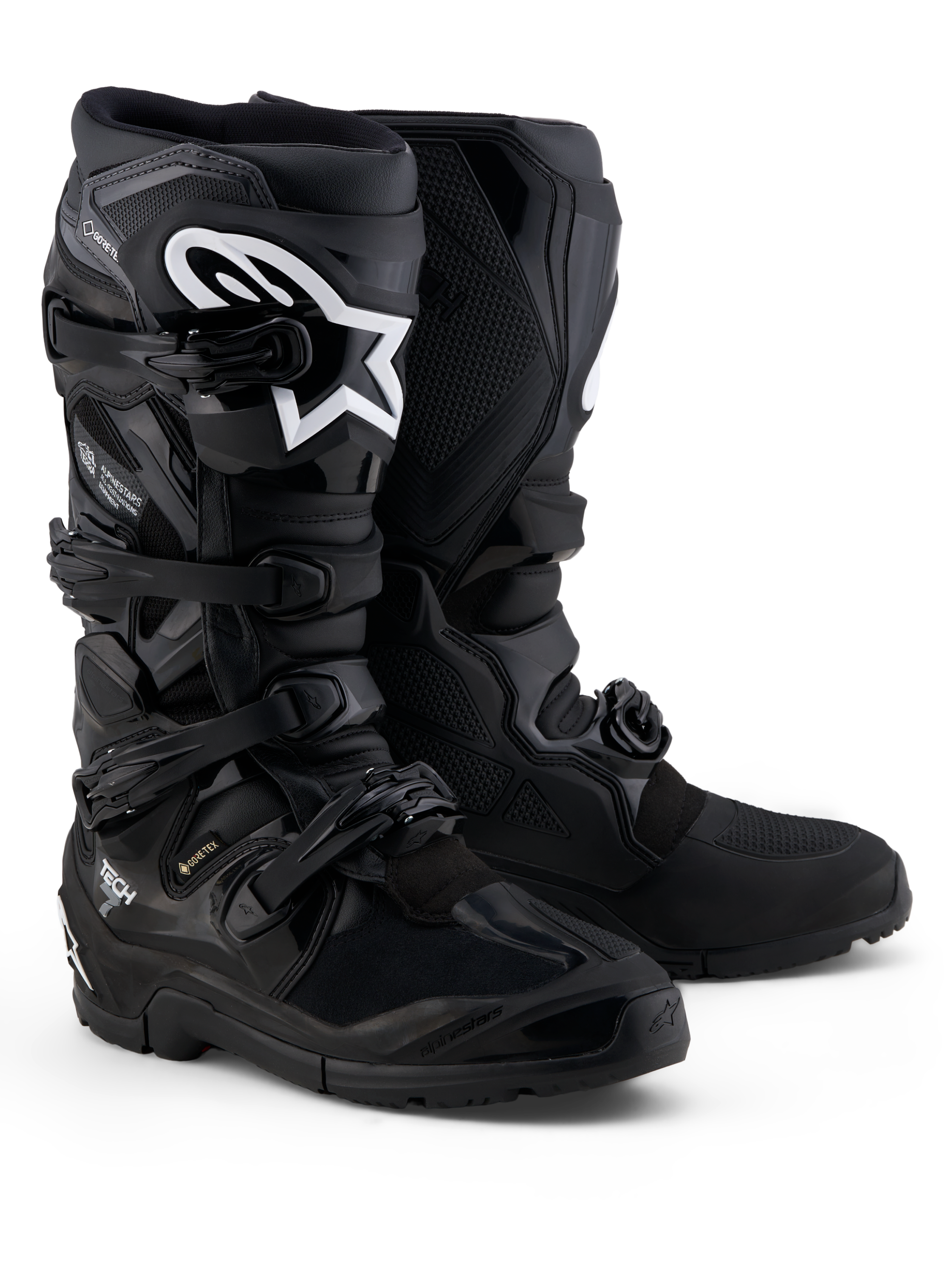Czarne i szare buty Alpinestars Tech 7 Enduro Gore-Tex, wodoodporne buty motocyklowe off-road z ochroną TPU.