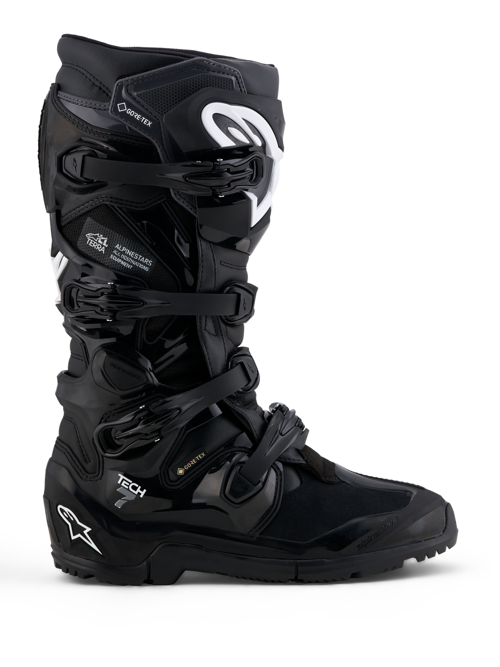 Alpinestars Tech 7 Enduro Gore-Tex, wodoodporne buty motocyklowe off-road, czarne z białymi detalami i ochroną TPU.