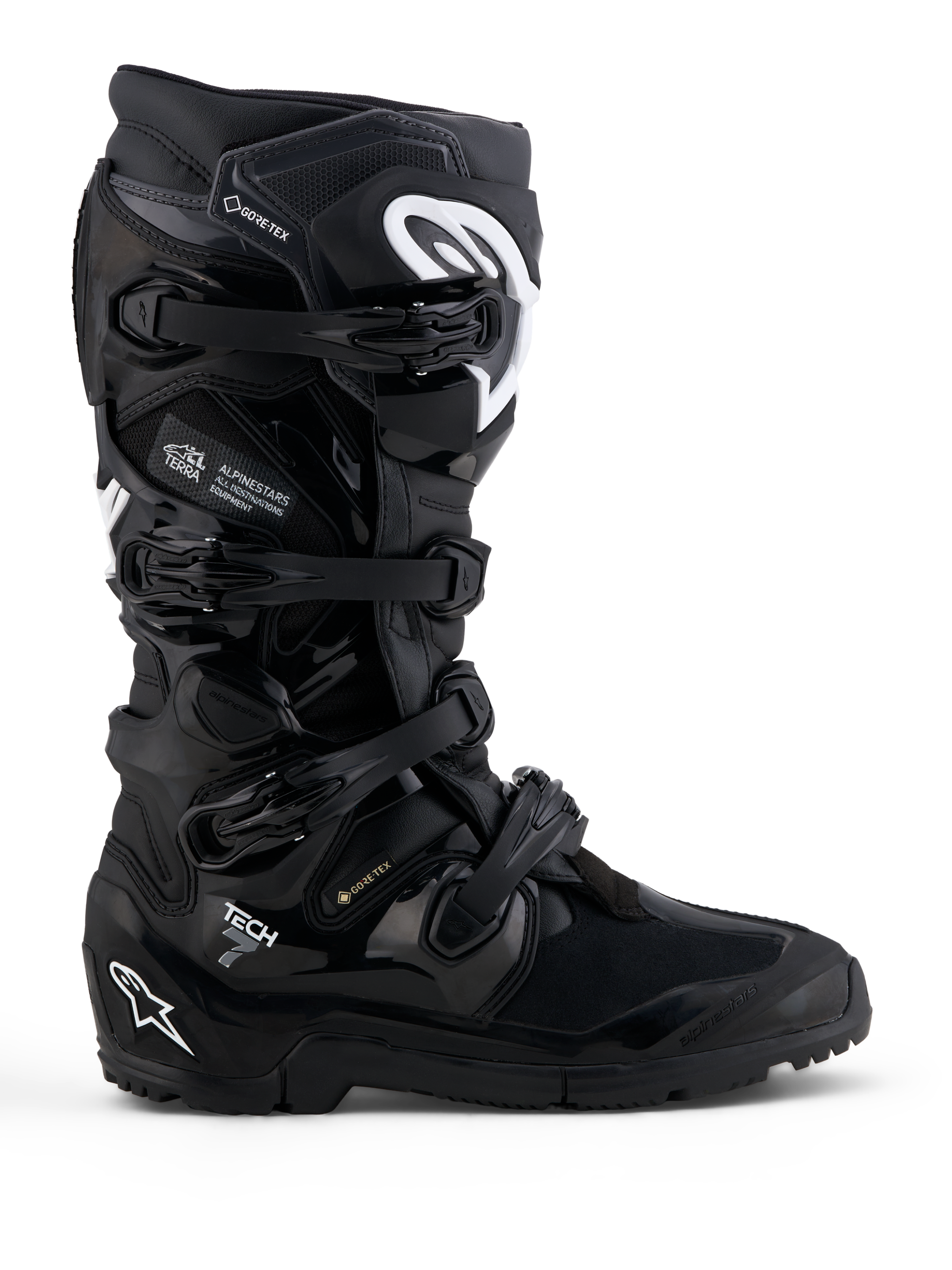 Alpinestars Tech 7 Enduro Gore-Tex, wodoodporne buty motocyklowe off-road, czarne z białymi detalami i ochroną TPU.