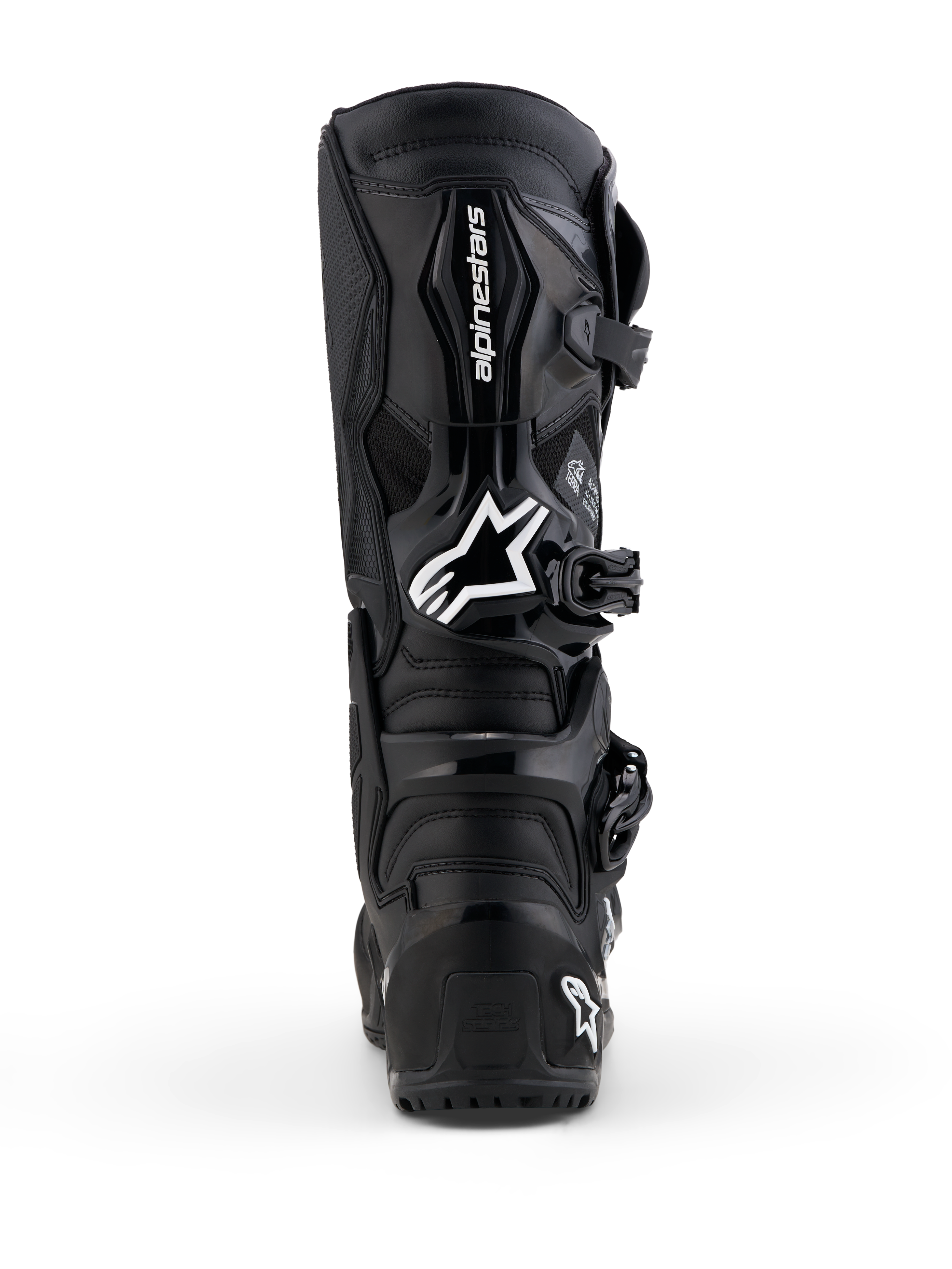 Alpinestars Tech 7 Enduro Gore-Tex, męskie buty motocyklowe off-road, czarne i ciemnoszare, widok z tyłu z ochroną TPU.