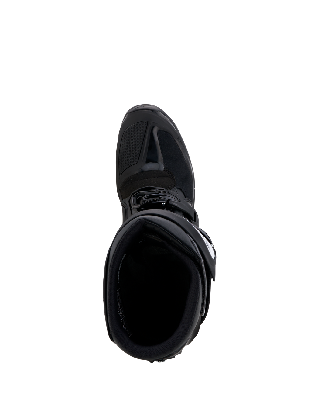 Buty Alpinestars Tech 7 Enduro Gore-Tex, czarne i szare buty motocyklowe off-road, widok z góry na wnętrze i wzmocnioną strefę zmiany biegów TPU.