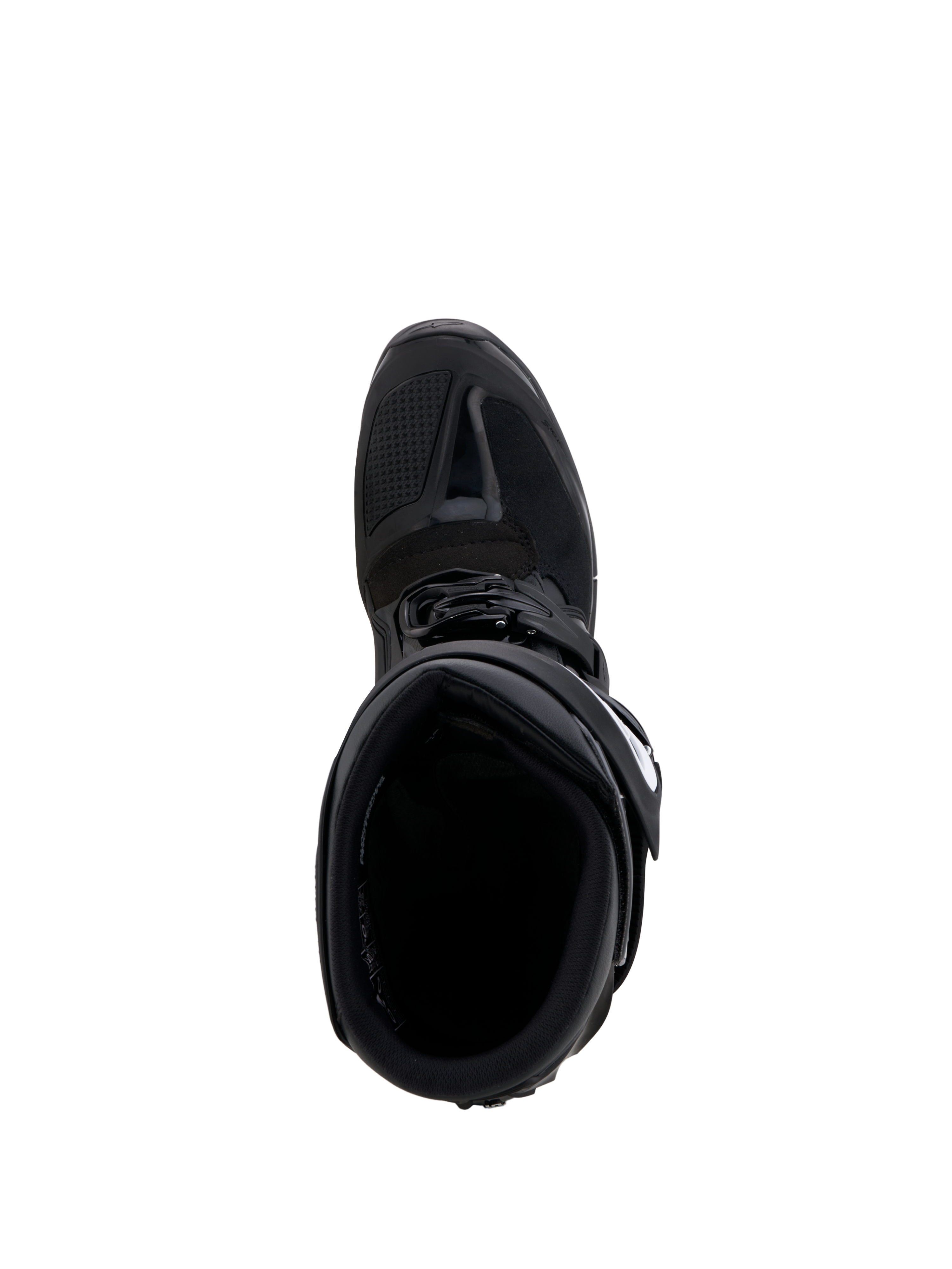 Buty Alpinestars Tech 7 Enduro Gore-Tex, czarne i szare buty motocyklowe off-road, widok z góry na wnętrze i wzmocnioną strefę zmiany biegów TPU.
