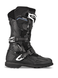 Alpinestars Toucan GORE-TEX Boots, buty motocyklowe adventure touring, czarne, widok z profilu z dwiema srebrnymi aluminiowymi klamrami, logo GORE-TEX, wzmocniony ochraniacz goleni z białym logo i wytrzymała rzeźbiona podeszwa