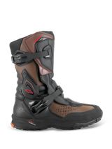 Alpinestars XT-8 GORE-TEX Boots, Adventure Enduro Motorcycle Boots, Black and Brown, side profile view featuring double buckle closure system, GORE-TEX waterproof membrane, TPU ankle protection, and aggressive lugged sole for off-road riding.
