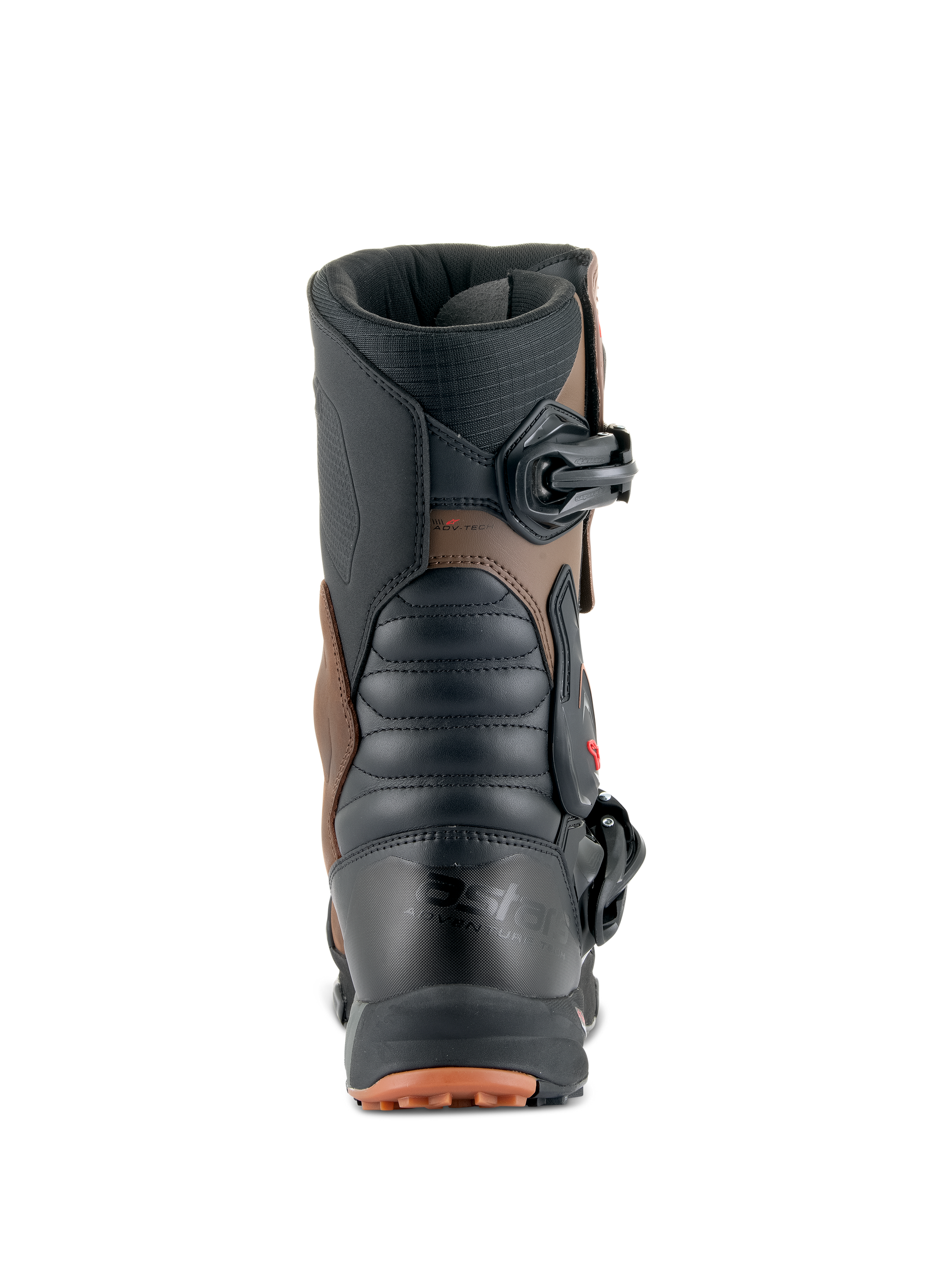 Alpinestars XT-8 GORE-TEX Boots, Adventure Enduro Boots, Black and Brown, rear view showing heel branding, accordion flex panels, and adjustable buckle, waterproof motorcycle footwear for off-road touring