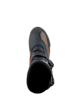 Alpinestars XT-8 GORE-TEX Boots, Adventure Enduro Motorcycle Boots, Black and Brown, top-down view looking into the boot opening, featuring buckle closure, leather panels, and reinforced toe area