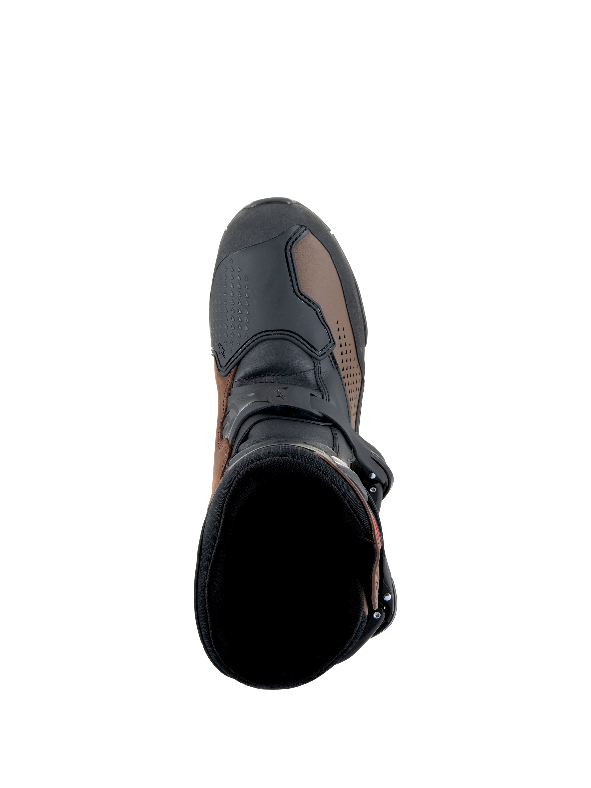 Alpinestars XT-8 GORE-TEX Boots, Adventure Enduro Motorcycle Boots, Black and Brown, top-down view looking into the boot opening, featuring buckle closure, leather panels, and reinforced toe area