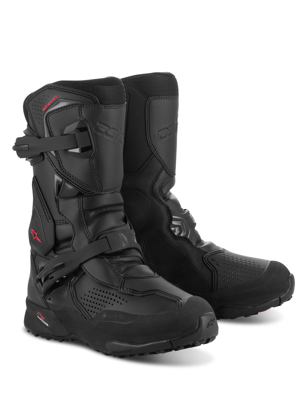 Alpinestars XT-8 GORE-TEX Boots, All-Black Adventure Enduro Motorcycle Boots, featuring dual buckle closure, reinforced shin and toe areas, aggressive lugged rubber outsole, and red Alpinestars logo on the side.