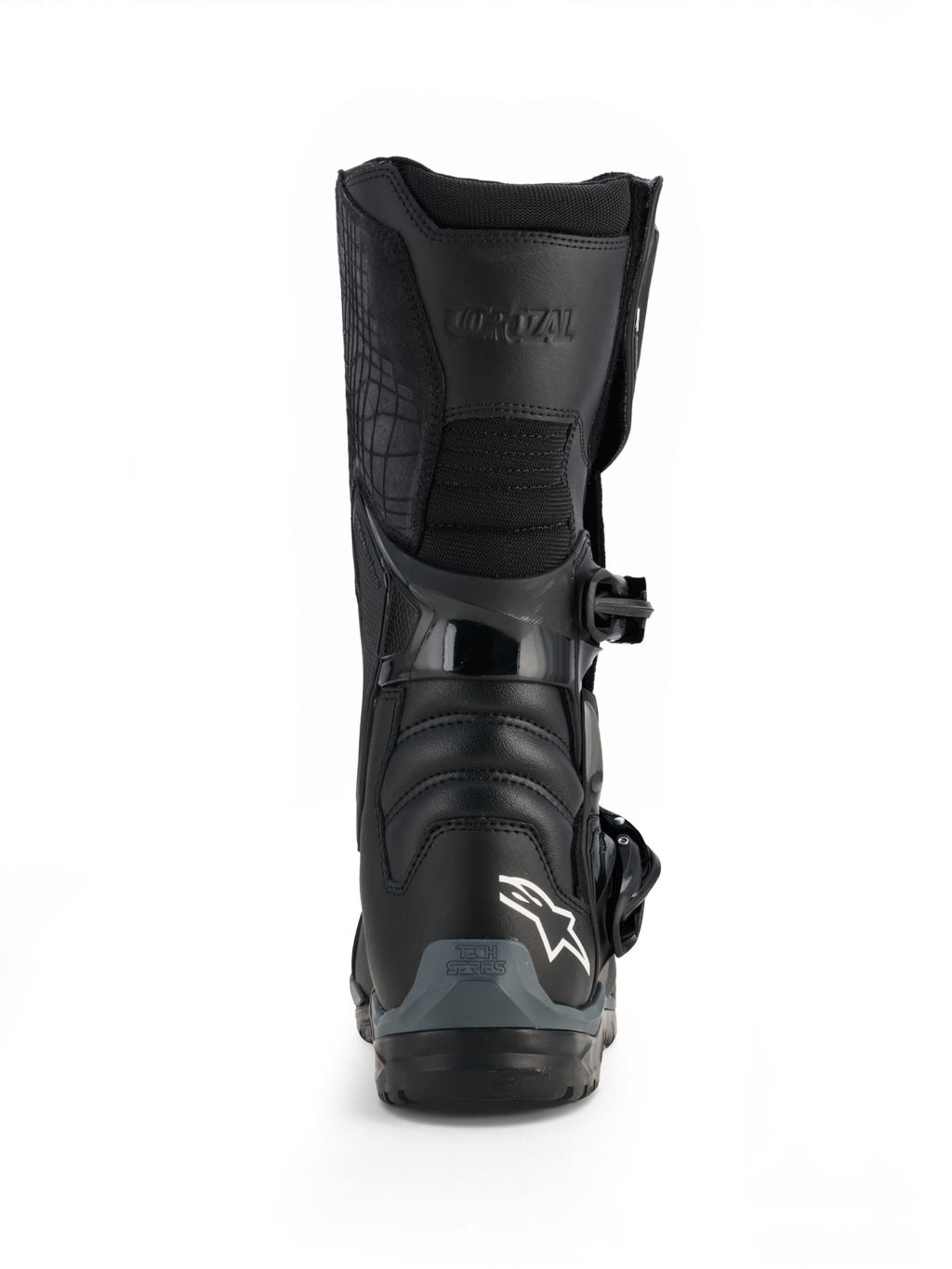 Alpinestars Corozal V2 Adventure Drystar®, czarne wodoodporne buty motocyklowe adventure z ochronną płytką piszczeli, klamrą zapięcia i podeszwą terenową, widok z przodu