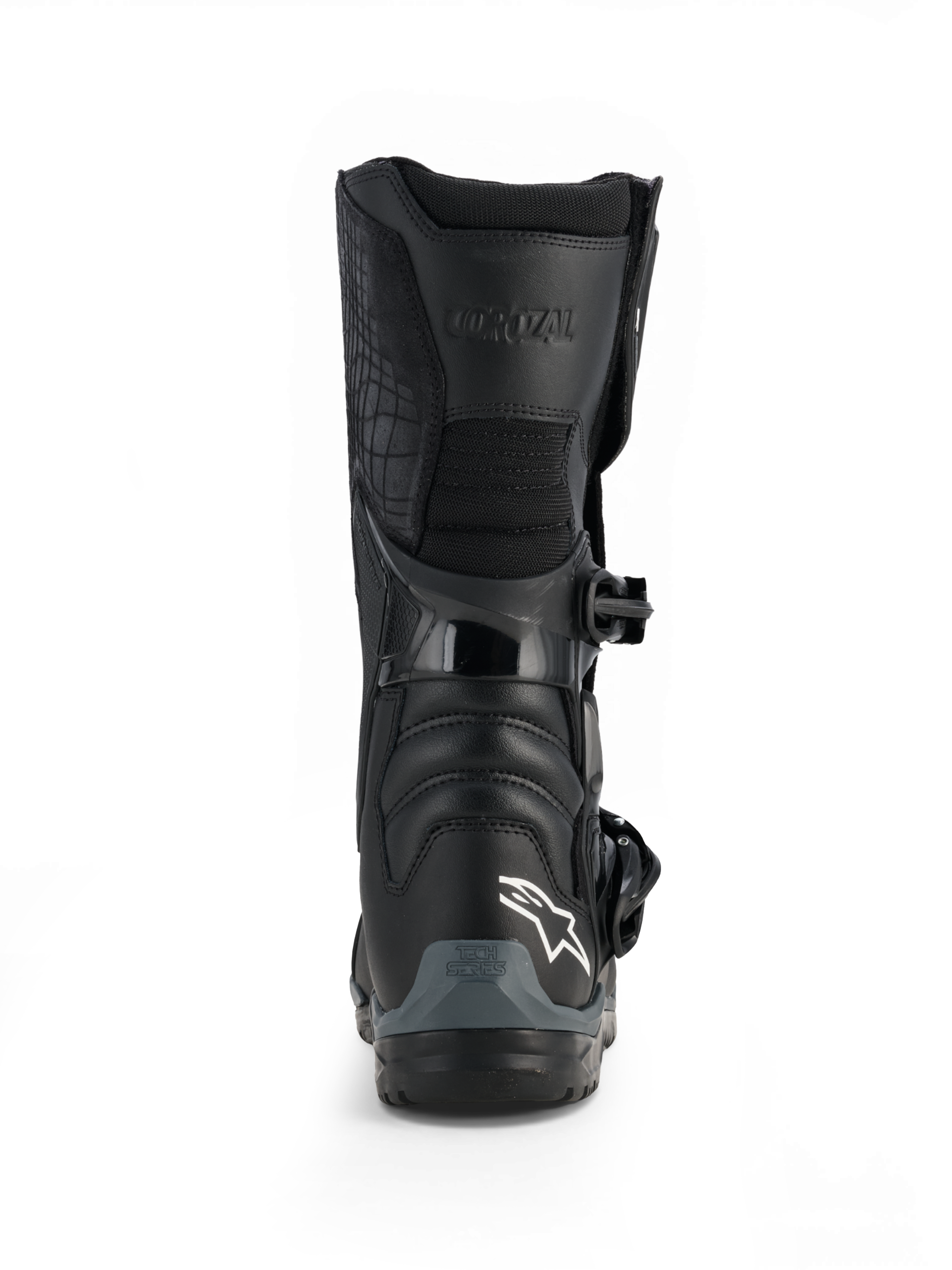 Alpinestars Corozal V2 Adventure Drystar®, czarne wodoodporne buty motocyklowe adventure z ochronną płytką piszczeli, klamrą zapięcia i podeszwą terenową, widok z przodu