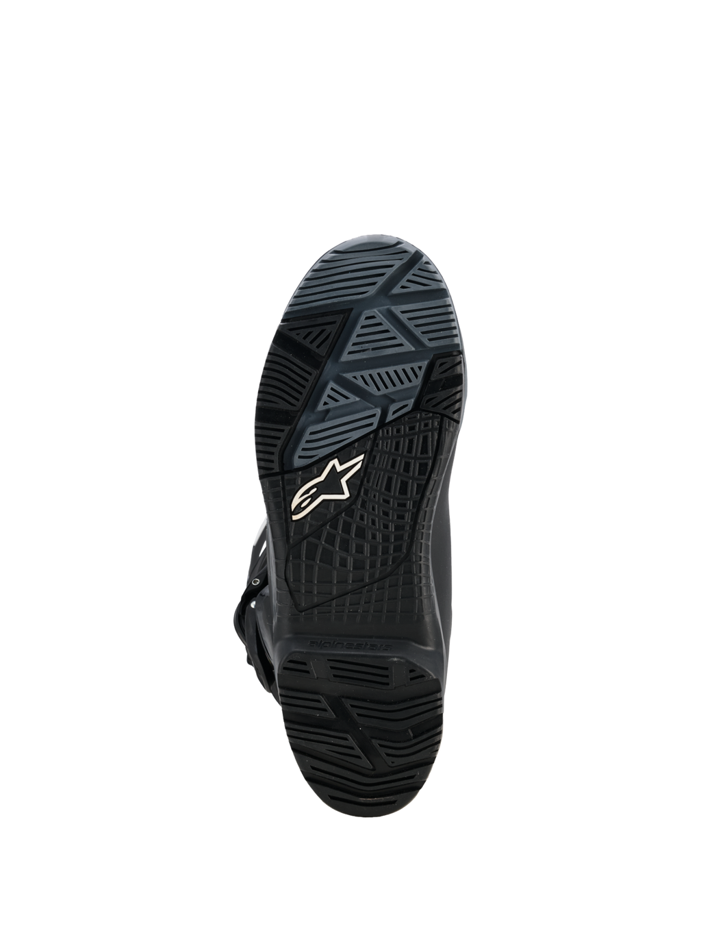 Alpinestars Corozal V2 Adventure Drystar®, czarne buty motocyklowe adventure, zbliżenie gumowej podeszwy z bieżnikiem all-terrain i logo Alpinestars