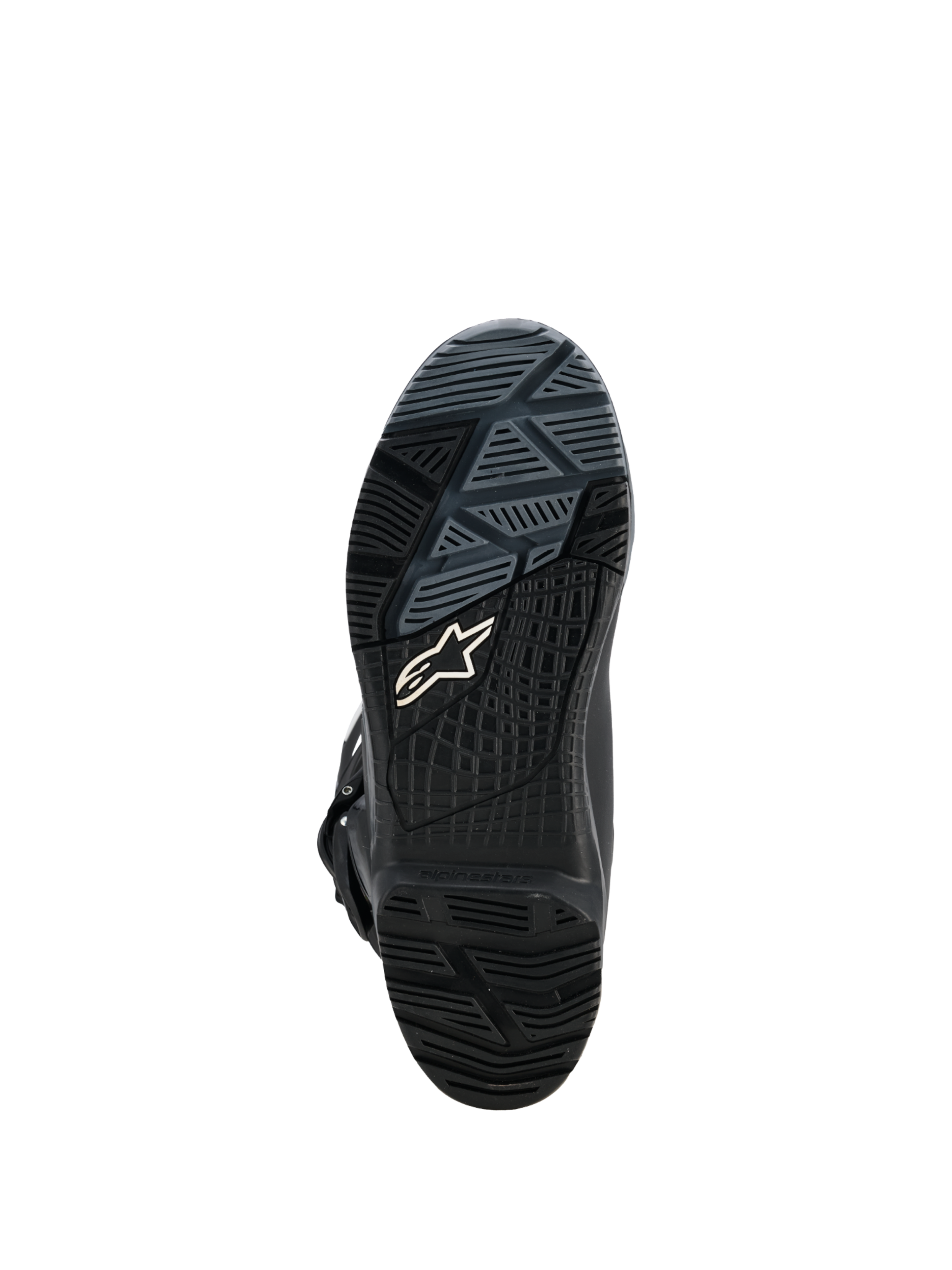 Alpinestars Corozal V2 Adventure Drystar®, czarne buty motocyklowe adventure, zbliżenie gumowej podeszwy z bieżnikiem all-terrain i logo Alpinestars