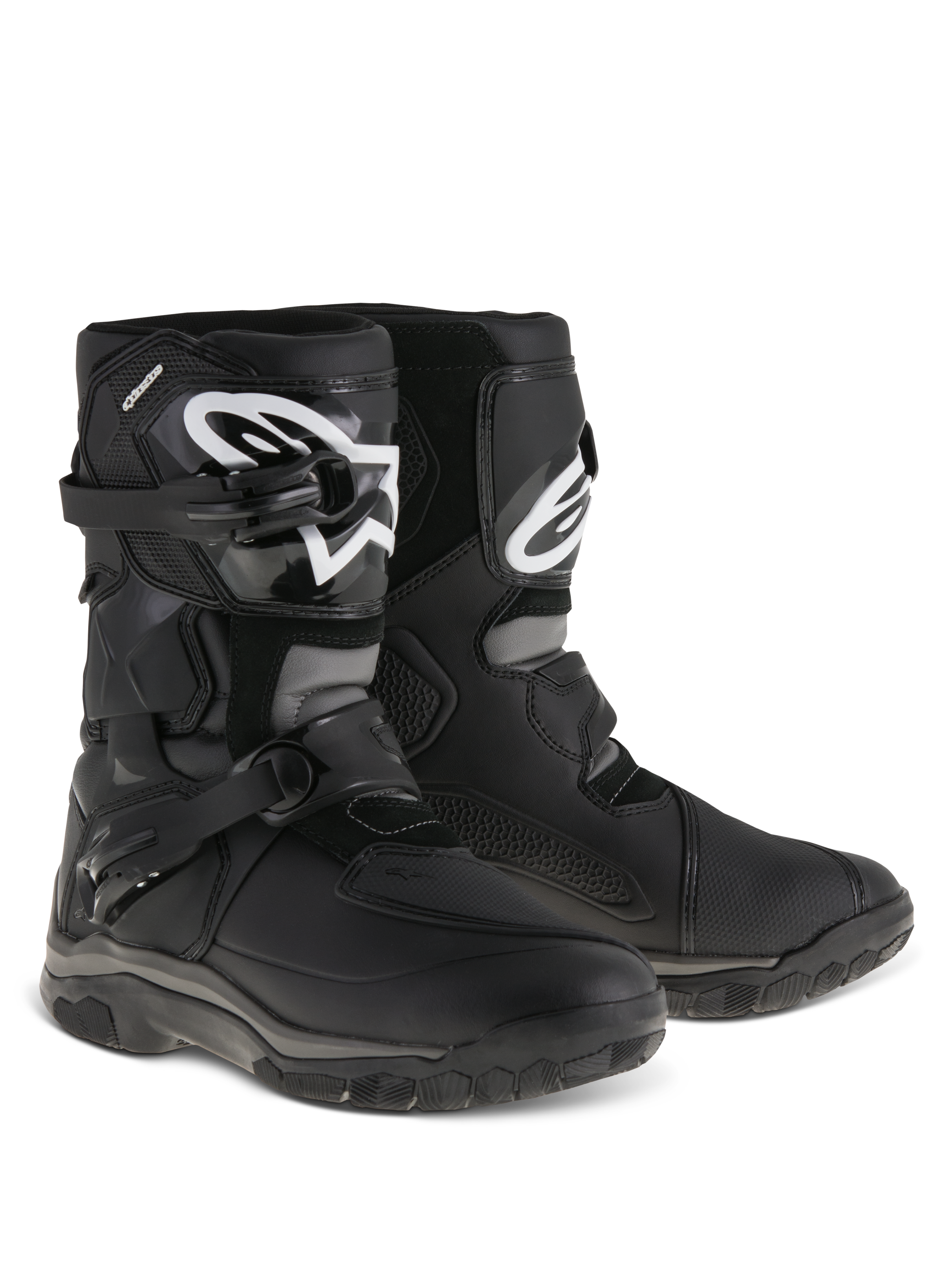 Alpinestars Belize Drystar® Boots, Adventure Touring Motorcycle Boots, Black, low-cut design with dual buckle closure system, TPU shin plate featuring white Alpinestars logo, rugged vulcanized rubber outsole for trail and road use