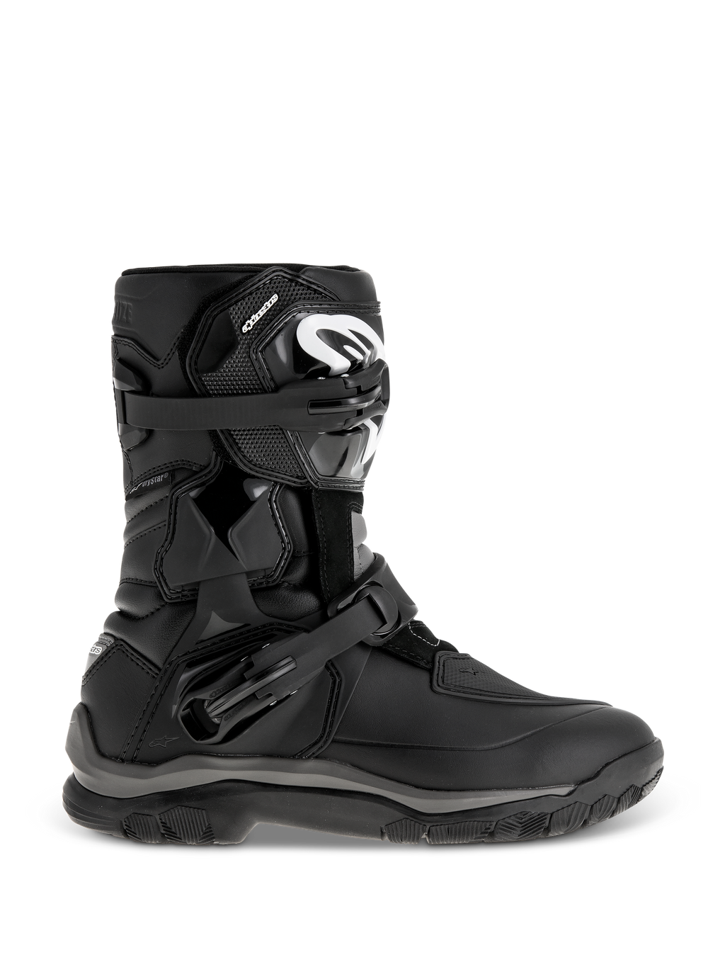 Alpinestars Belize Drystar Boots, Black Adventure Touring Boots, featuring a mid-height design with dual adjustable buckles, rugged textured outsole for grip, reinforced protection panels, white logo on the shin, waterproof motorcycle footwear