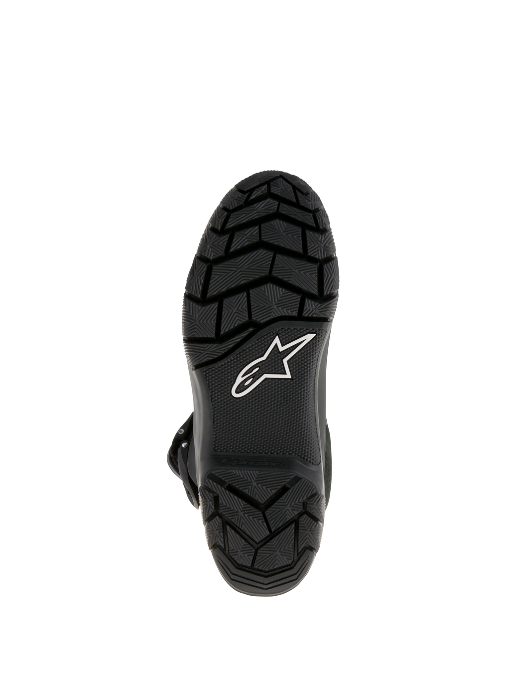 Alpinestars Belize Drystar® Boots, Adventure Touring Motorcycle Boots, bottom view showing black vulcanized rubber outsole with lugged tread pattern for superior grip and white Alpinestars star logo