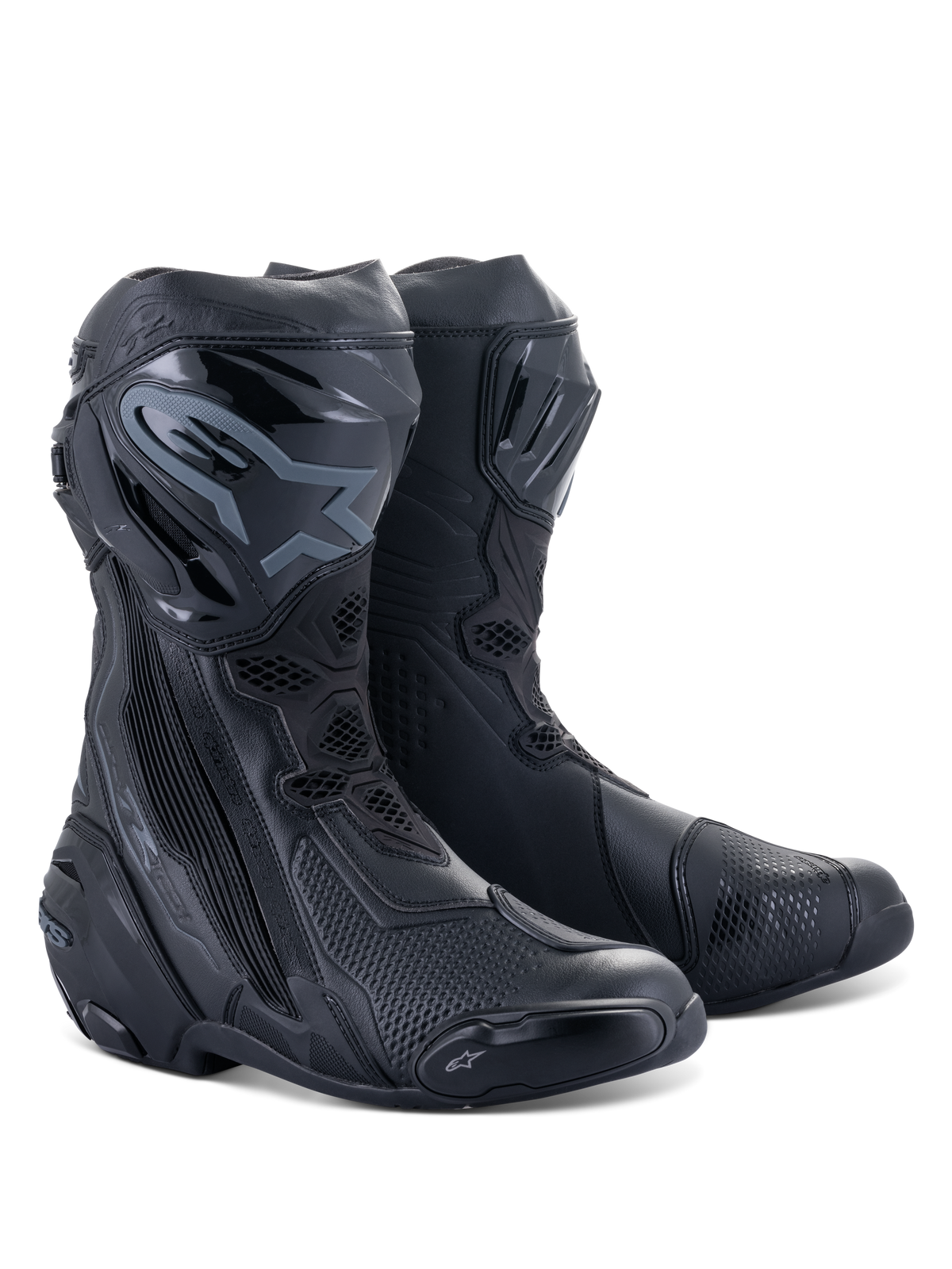 Buty Alpinestars Supertech R, motocyklowe buty wyścigowe, czarne, z ochronnymi płytami goleniowymi TPU, wymiennymi suwakami i opływową, wyczynową konstrukcją do jazdy na drodze i torze