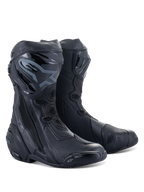 Buty Alpinestars Supertech R, motocyklowe buty wyścigowe, czarne, z ochronnymi płytami goleniowymi TPU, wymiennymi suwakami i opływową, wyczynową konstrukcją do jazdy na drodze i torze
