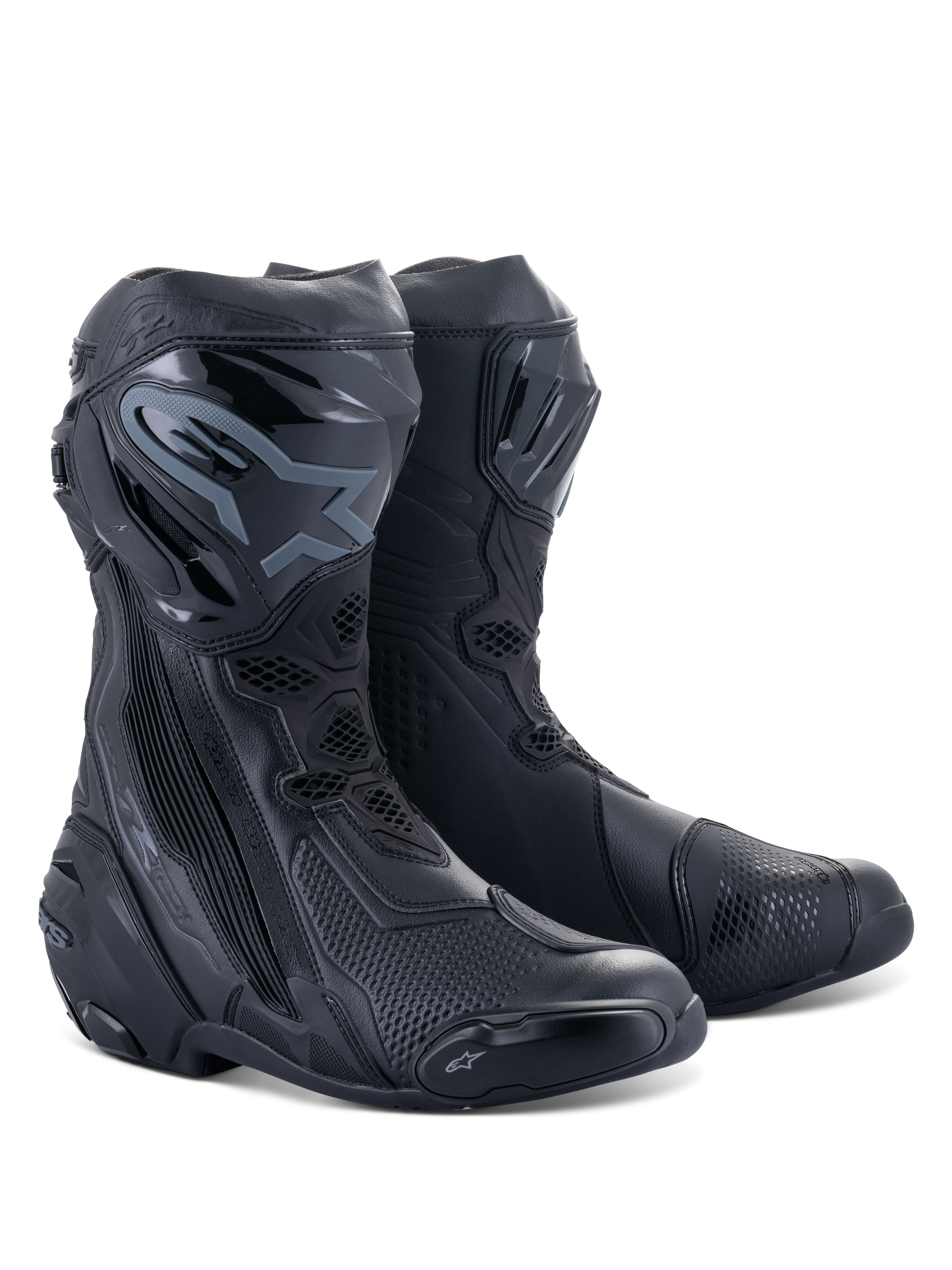 Buty Alpinestars Supertech R, motocyklowe buty wyścigowe, czarne, z ochronnymi płytami goleniowymi TPU, wymiennymi suwakami i opływową, wyczynową konstrukcją do jazdy na drodze i torze