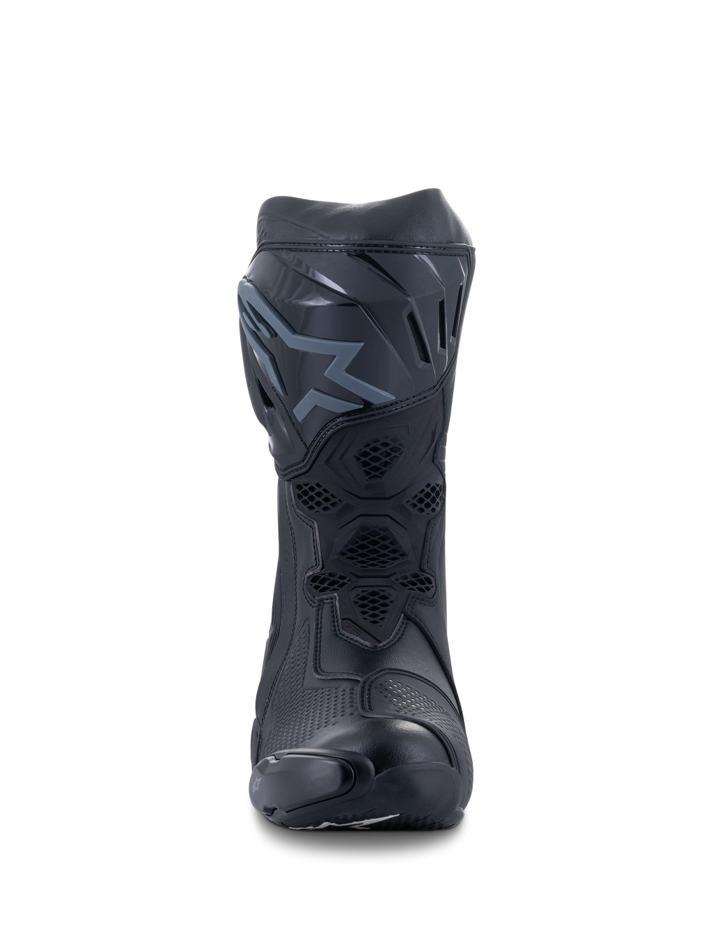 Alpinestars Supertech R Boots, wyścigowe buty motocyklowe, czarne, widok z przodu przedstawiający płytę piszczelową z TPU z logo, siatkowe panele wentylacyjne i opływową konstrukcję ochronną
