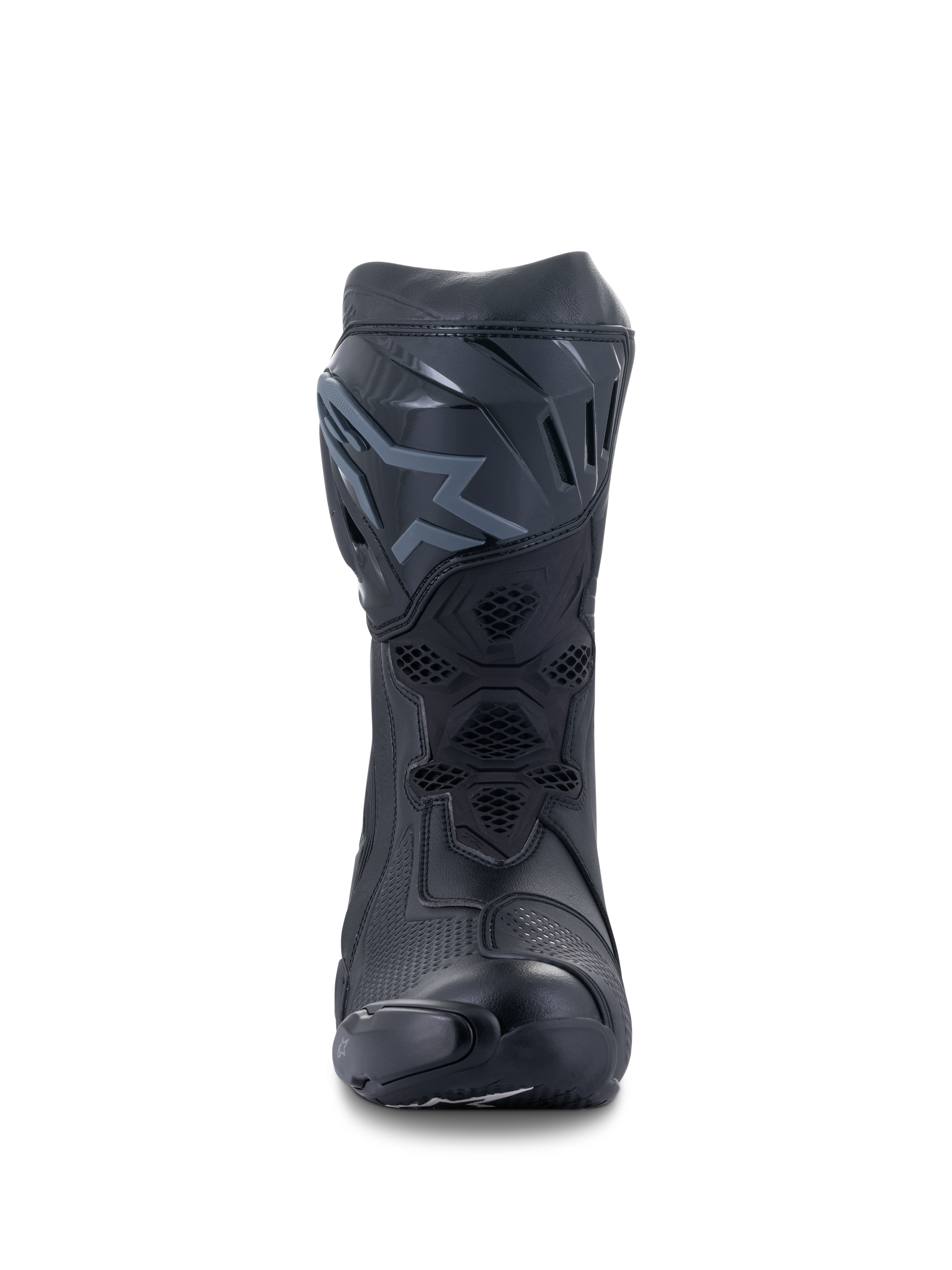 Alpinestars Supertech R Boots, wyścigowe buty motocyklowe, czarne, widok z przodu przedstawiający płytę piszczelową z TPU z logo, siatkowe panele wentylacyjne i opływową konstrukcję ochronną