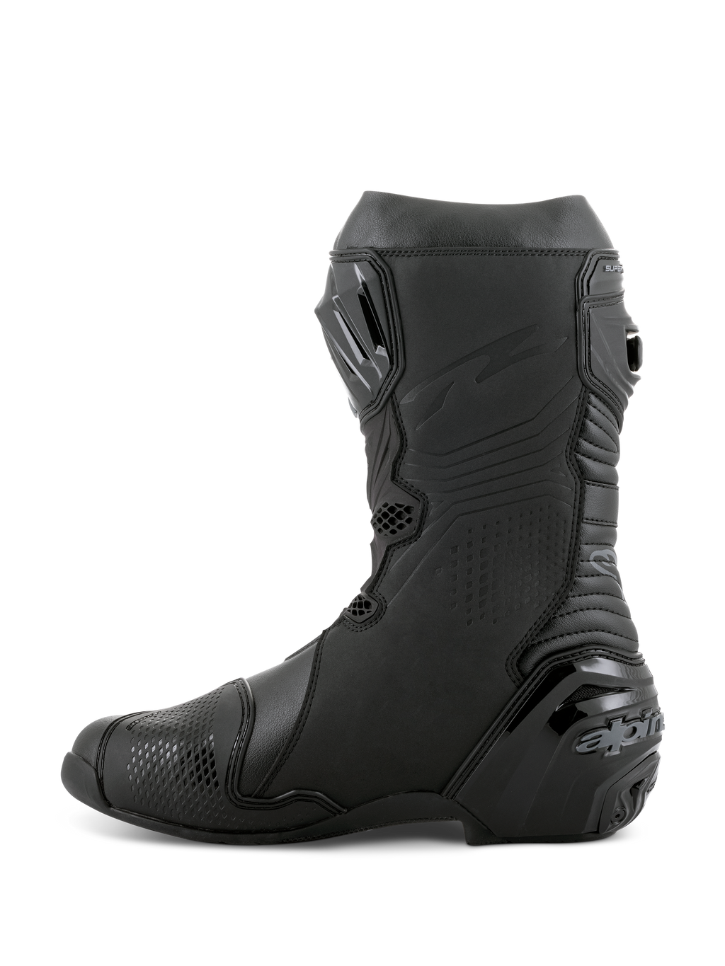 Buty Alpinestars Supertech R, wyścigowe buty motocyklowe, czarne, widok z boku prezentujący płytę goleniową TPU, wzmocniony ochraniacz pięty oraz harmonijkowe strefy elastyczne zapewniające naturalny ruch, profesjonalne obuwie wyścigowe i uliczne