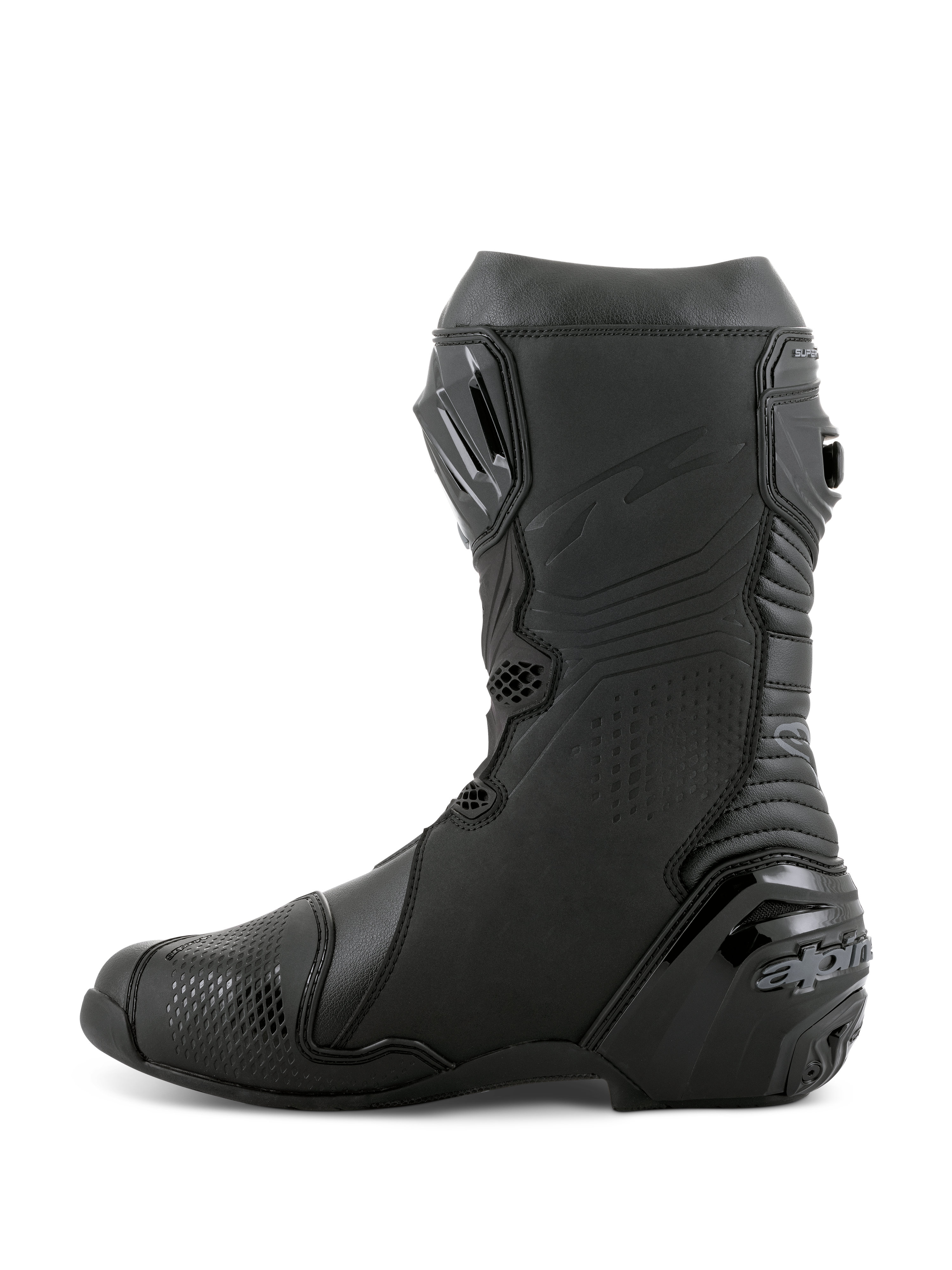 Buty Alpinestars Supertech R, wyścigowe buty motocyklowe, czarne, widok z boku prezentujący płytę goleniową TPU, wzmocniony ochraniacz pięty oraz harmonijkowe strefy elastyczne zapewniające naturalny ruch, profesjonalne obuwie wyścigowe i uliczne