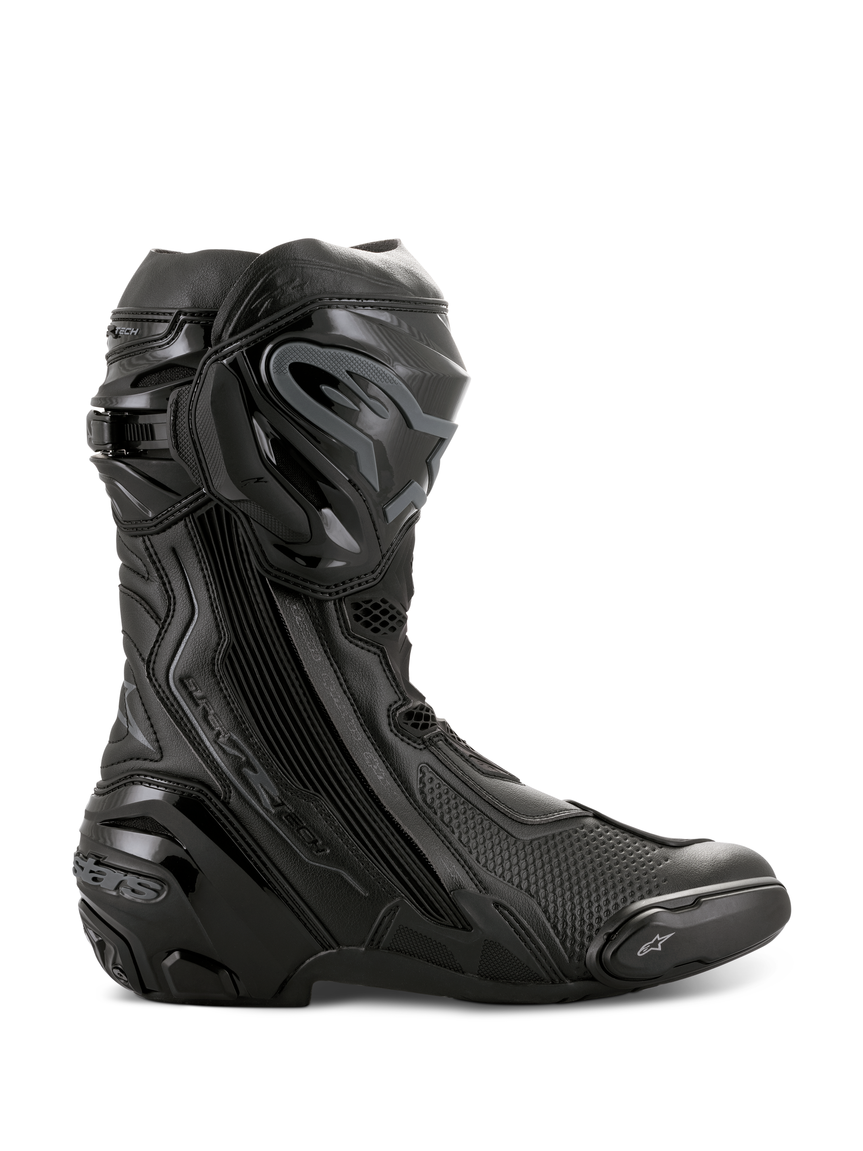 Buty Alpinestars Supertech R, wysokowydajne buty motocyklowe wyścigowe, całe czarne, widok z boku pokazujący ochraniacz piszczeli TPU, wymienny slider palców i wzmocnioną piętę, profesjonalny design gotowy na tor