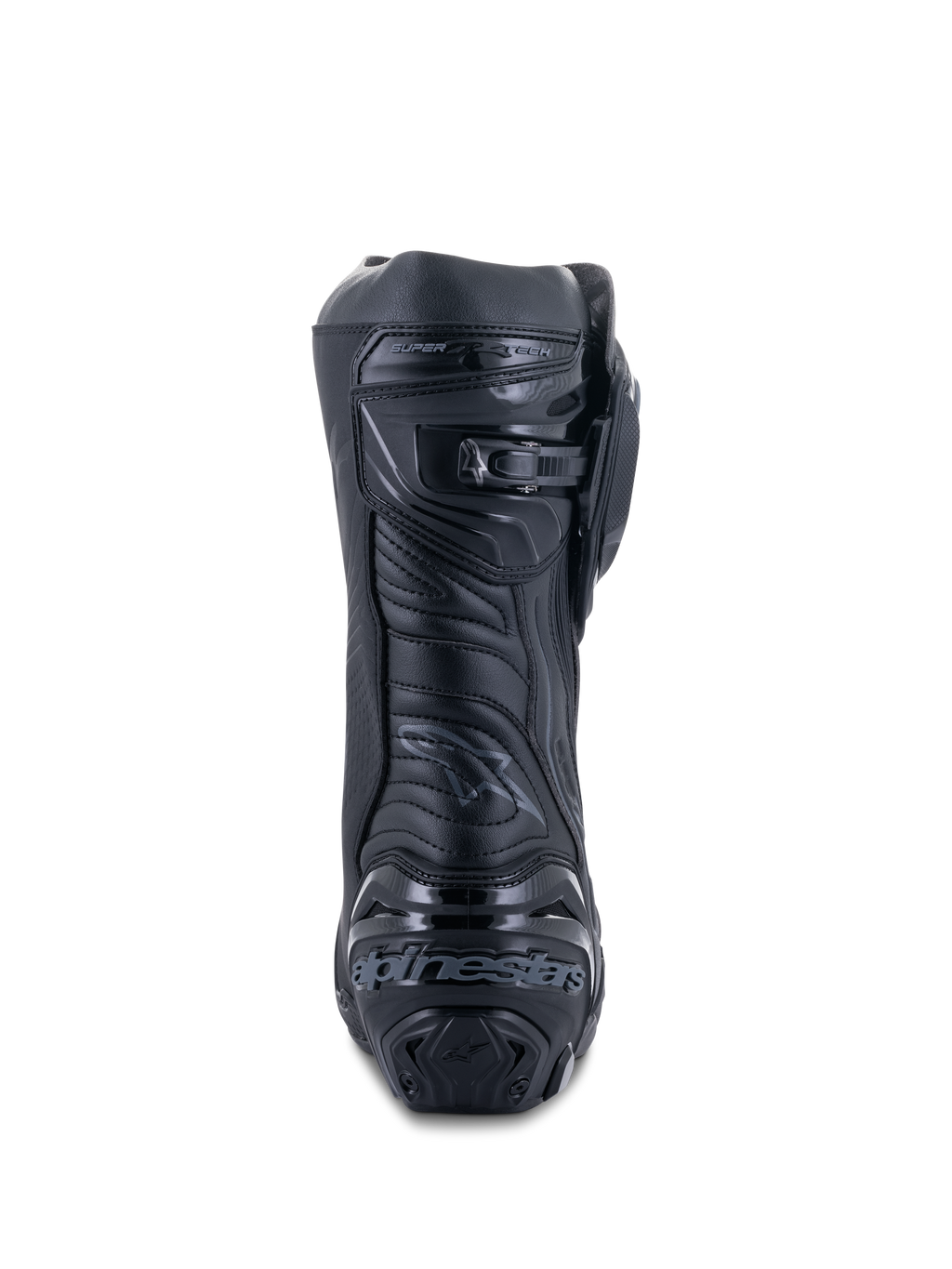 Buty Alpinestars Supertech R, Black Black, widok z tyłu prezentujący wzmocnioną płytę pięty z logo, mikroregulowane zapięcie zapadkowe na łydce oraz elastyczną strefę Achillesa, profesjonalne wyścigowe obuwie motocyklowe