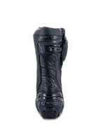 Buty Alpinestars Supertech R, Black Black, widok z tyłu prezentujący wzmocnioną płytę pięty z logo, mikroregulowane zapięcie zapadkowe na łydce oraz elastyczną strefę Achillesa, profesjonalne wyścigowe obuwie motocyklowe