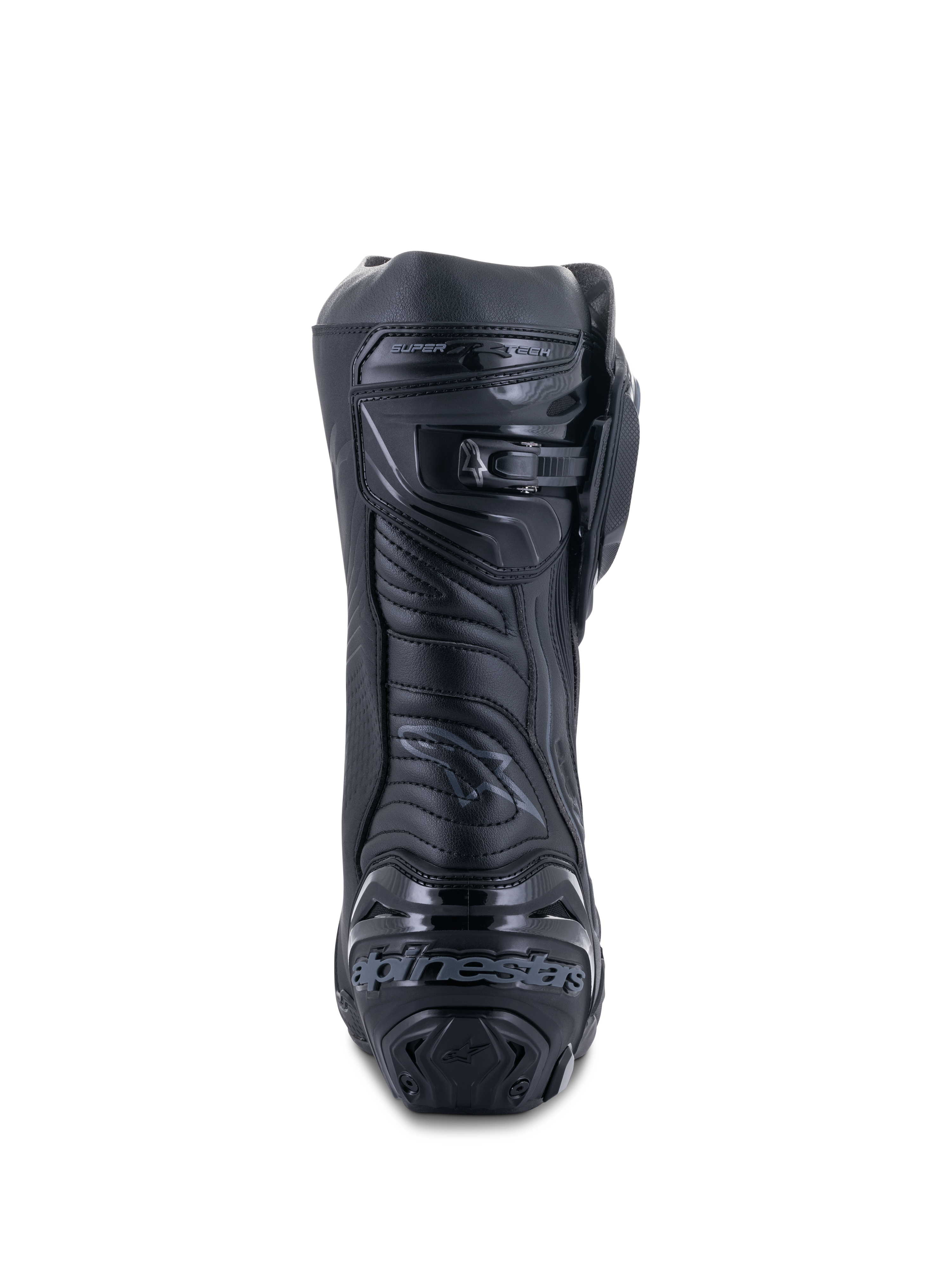 Buty Alpinestars Supertech R, Black Black, widok z tyłu prezentujący wzmocnioną płytę pięty z logo, mikroregulowane zapięcie zapadkowe na łydce oraz elastyczną strefę Achillesa, profesjonalne wyścigowe obuwie motocyklowe