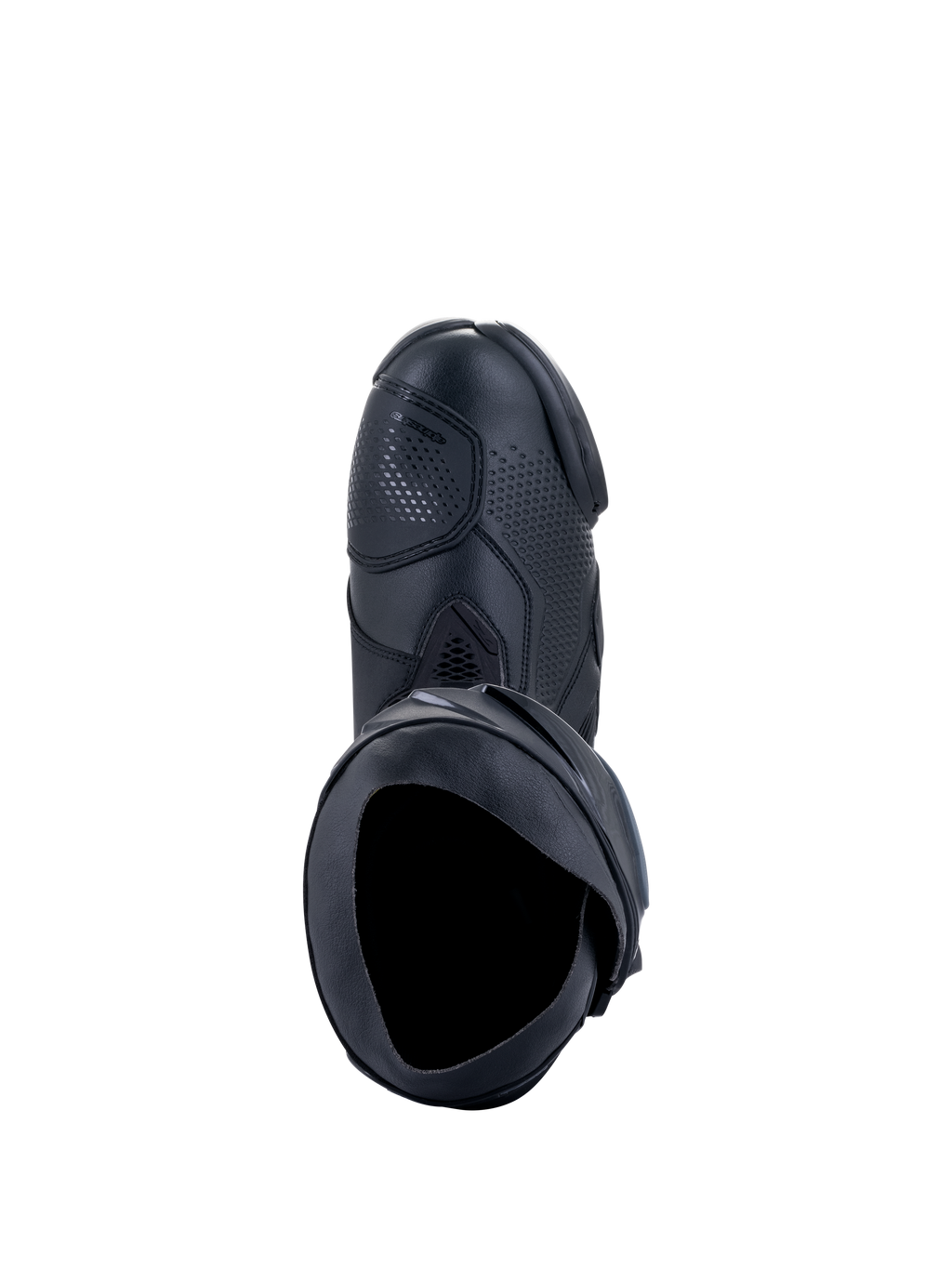Buty Alpinestars Supertech R, motocyklowe buty wyścigowe, czarne, widok z góry pokazujący wewnętrzny otwór, panel zmiany biegów i teksturowaną syntetyczną cholewkę, profesjonalny design obuwia wyścigowego