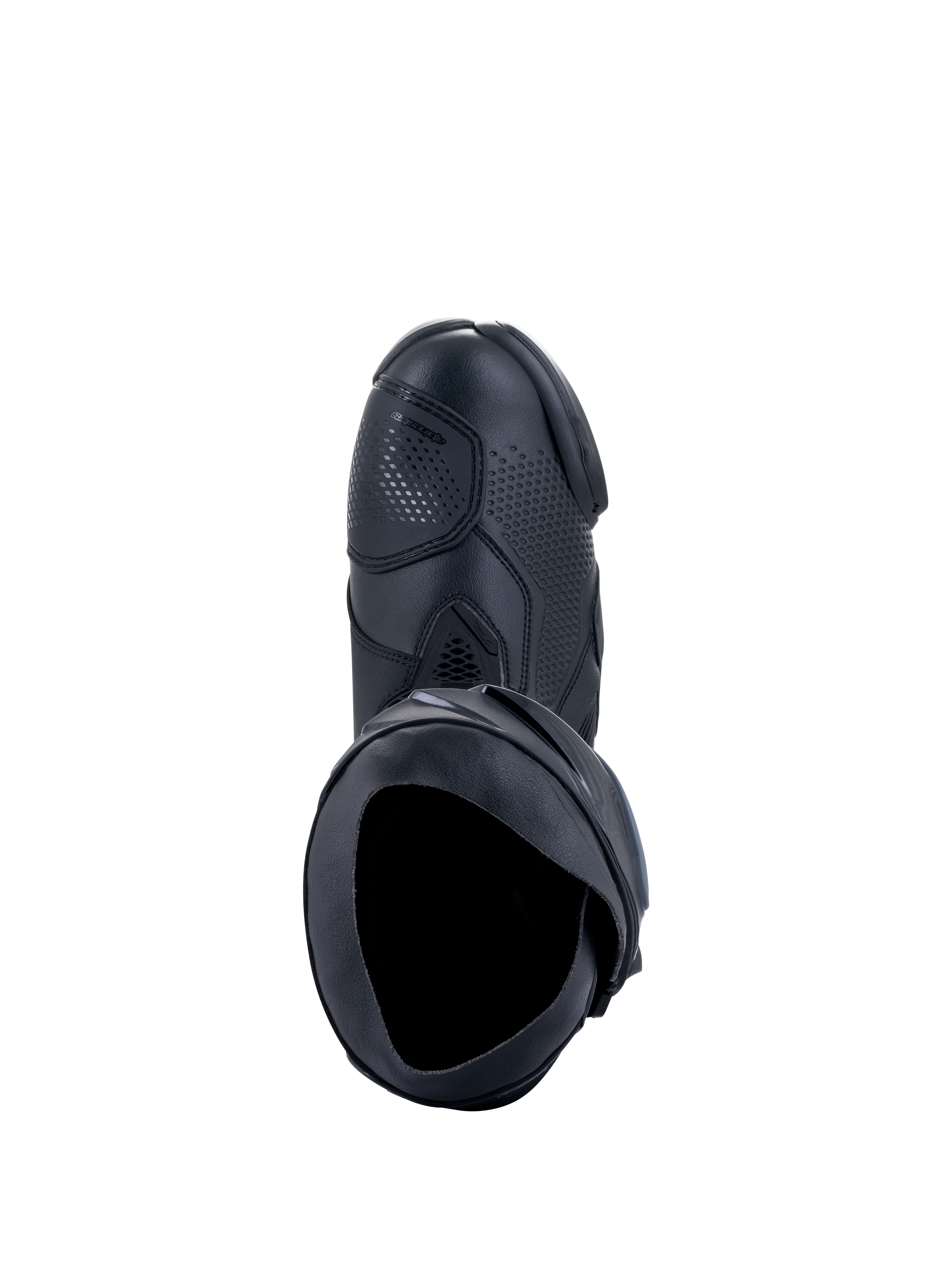 Buty Alpinestars Supertech R, motocyklowe buty wyścigowe, czarne, widok z góry pokazujący wewnętrzny otwór, panel zmiany biegów i teksturowaną syntetyczną cholewkę, profesjonalny design obuwia wyścigowego