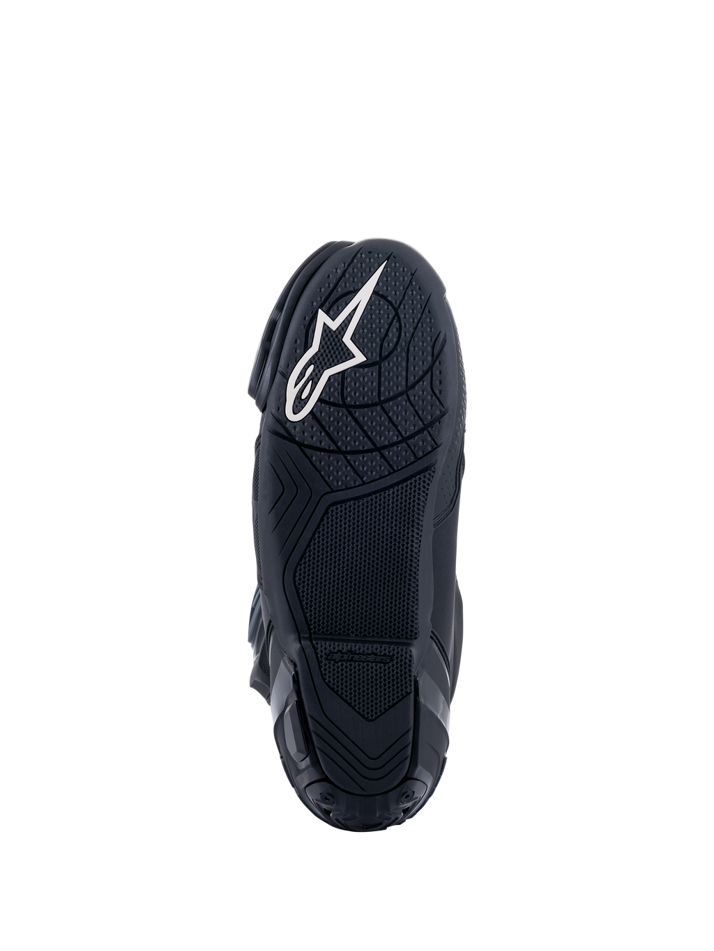Buty Alpinestars Supertech R, wyścigowe buty motocyklowe, czarne, widok od dołu na podeszwę z mieszanki gumowej z teksturowanymi wzorami przyczepności, białe logo gwiazdy Alpinestars na pięcie