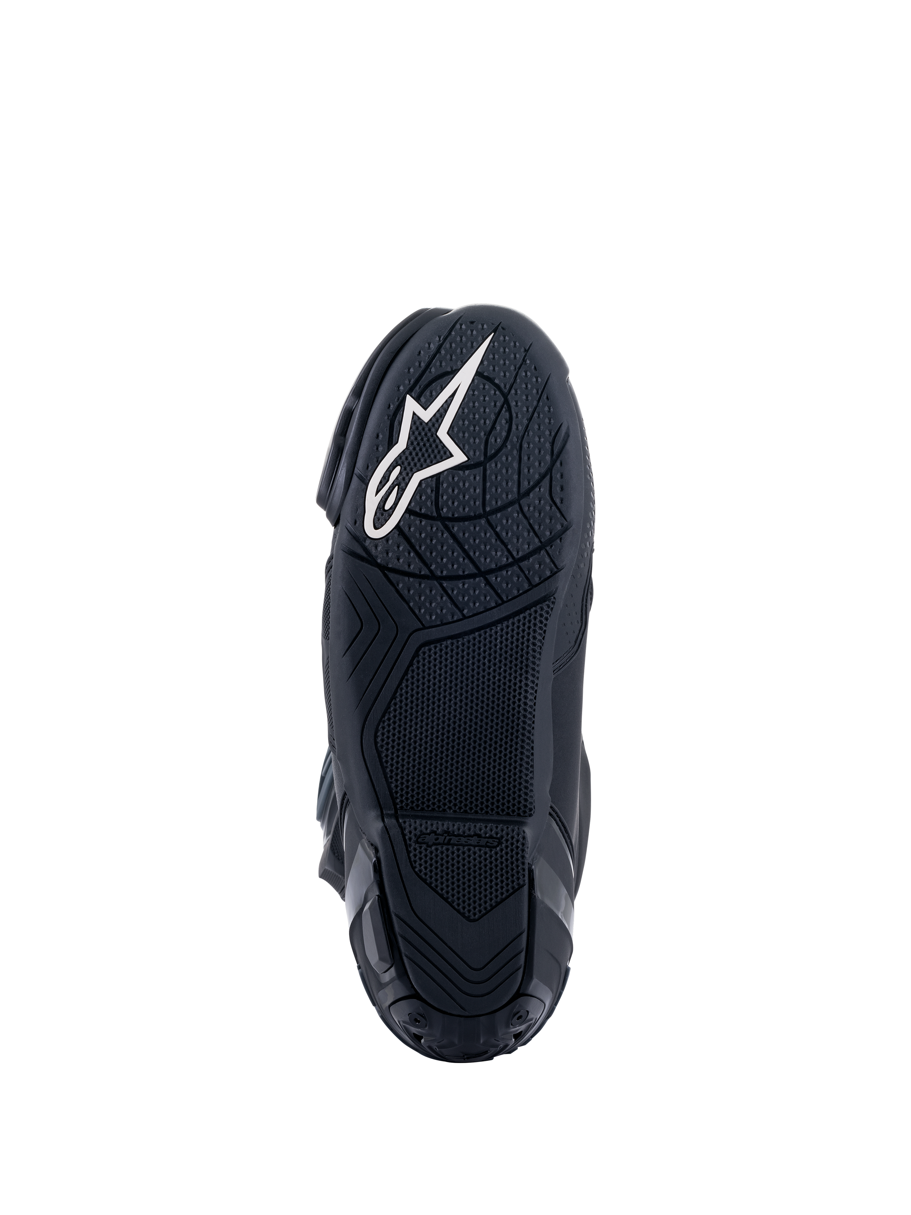 Buty Alpinestars Supertech R, wyścigowe buty motocyklowe, czarne, widok od dołu na podeszwę z mieszanki gumowej z teksturowanymi wzorami przyczepności, białe logo gwiazdy Alpinestars na pięcie