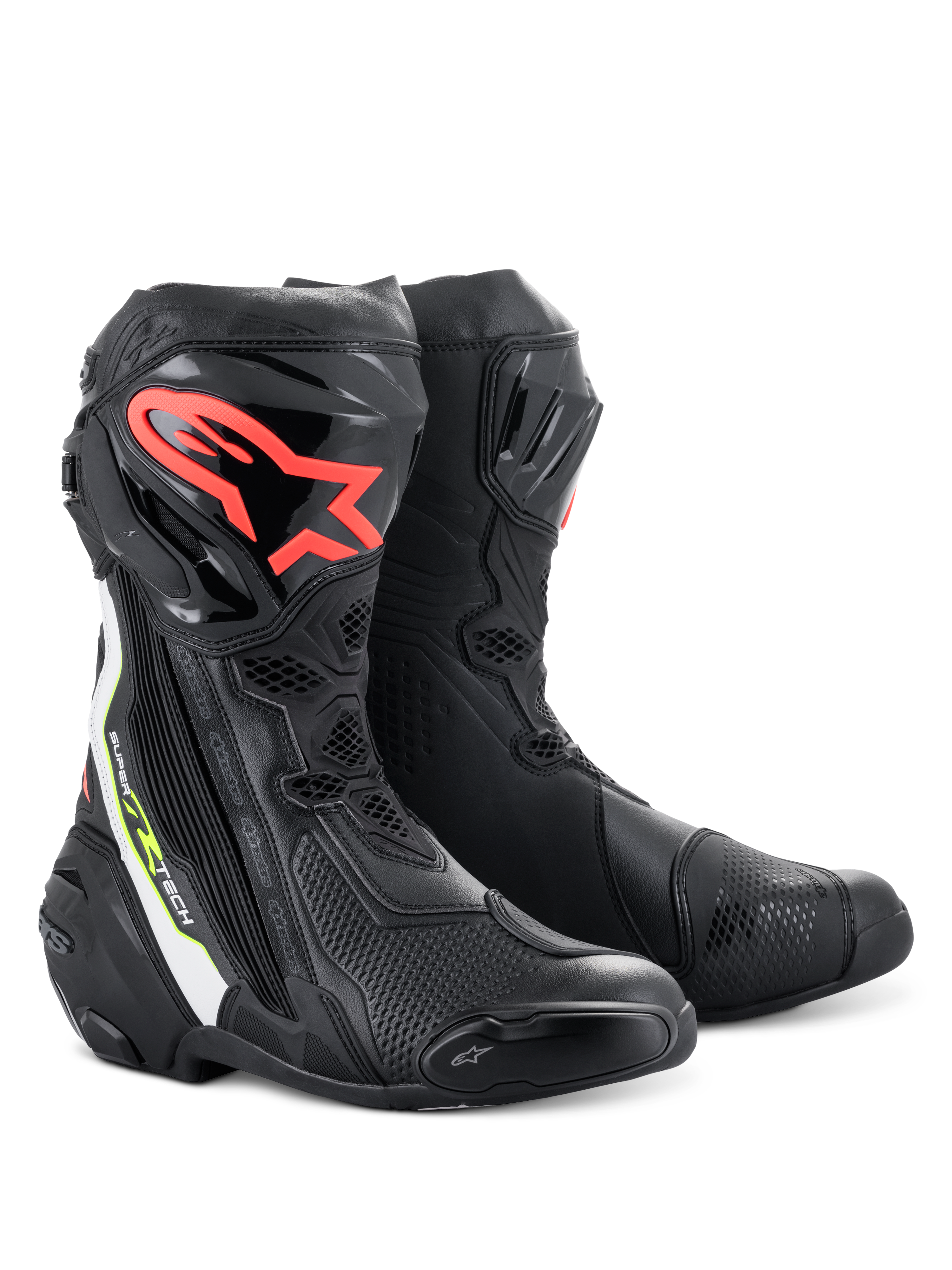 Alpinestars Supertech R Boots, wyczynowe buty motocyklowe wyścigowe, czarne z czerwonym logo Alpinestars na goleni, białe i neonowożółte akcenty, konstrukcja z technicznej mikrofibry i ochronne panele goleni z TPU.