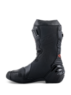 Buty Alpinestars Supertech R, wyczynowe buty motocyklowe, elegancki, całkowicie czarny design z czerwonym detalem logo, profil boczny z wzmocnioną piętą i panelami ochronnymi TPU