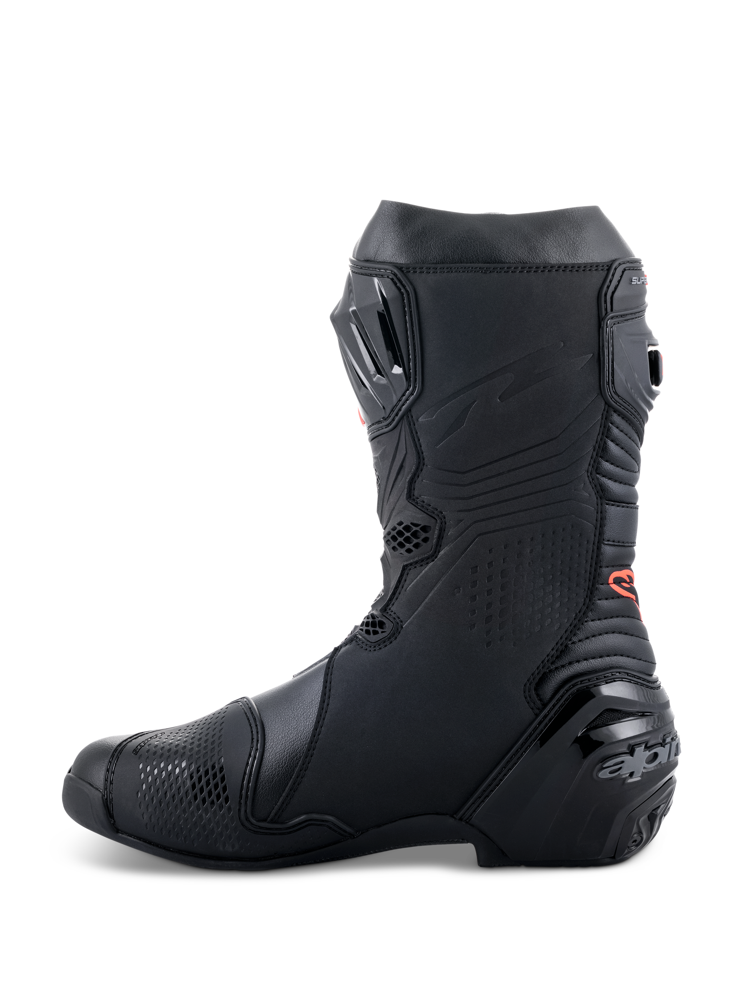 Buty Alpinestars Supertech R, wyczynowe buty motocyklowe, elegancki, całkowicie czarny design z czerwonym detalem logo, profil boczny z wzmocnioną piętą i panelami ochronnymi TPU