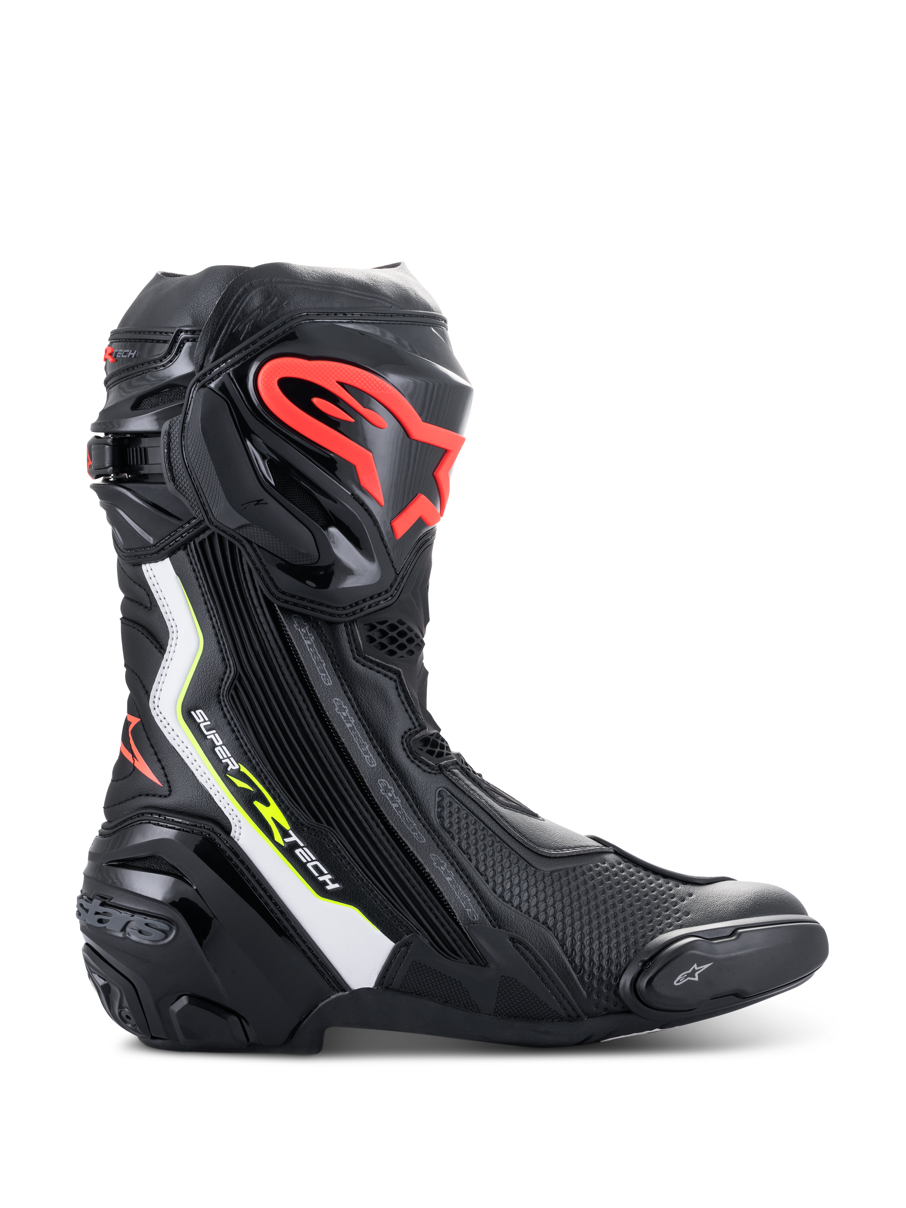 Alpinestars Supertech R Boots, wyczynowe buty motocyklowe w kolorze czarnym z białymi, neonowymi czerwonymi i neonowymi żółtymi akcentami, wyposażone w ochronny ochraniacz goleni z TPU z czerwonym logo, wymienny slider palców i smukły profil aerodynamiczny.