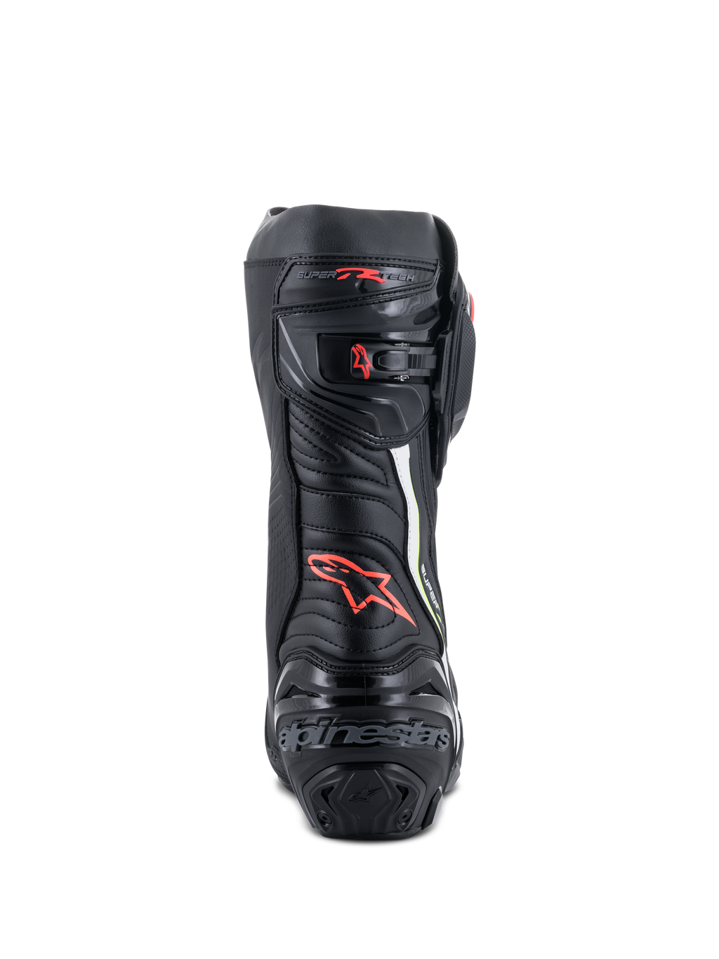 Buty Alpinestars Supertech R, wyczynowe buty motocyklowe, widok z tyłu, czarne z czerwonymi i żółtymi neonowymi akcentami, ochrona pięty TPU, mikroregulowane zapięcie z klamrą i charakterystyczne logo marki.