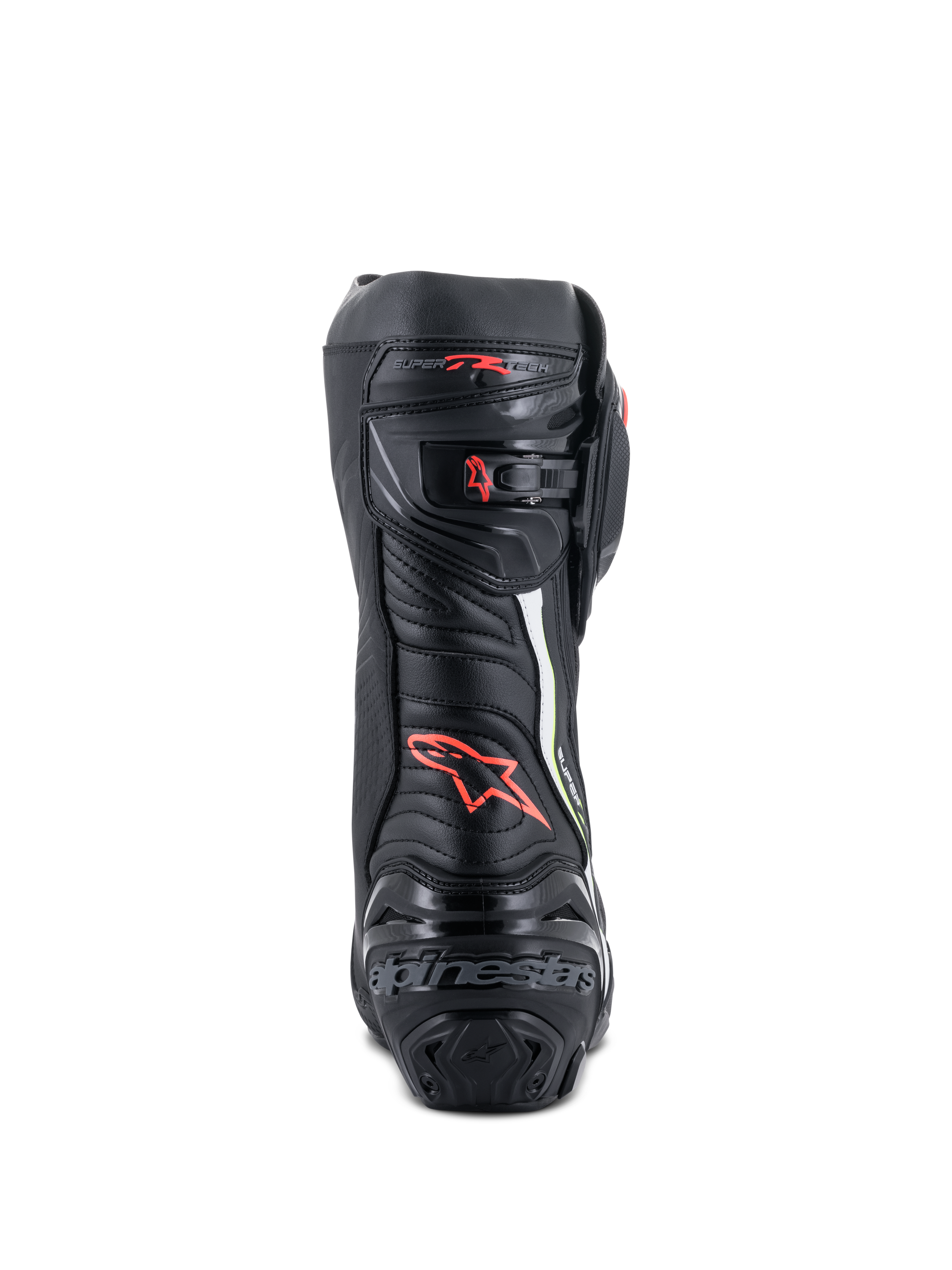 Buty Alpinestars Supertech R, wyczynowe buty motocyklowe, widok z tyłu, czarne z czerwonymi i żółtymi neonowymi akcentami, ochrona pięty TPU, mikroregulowane zapięcie z klamrą i charakterystyczne logo marki.