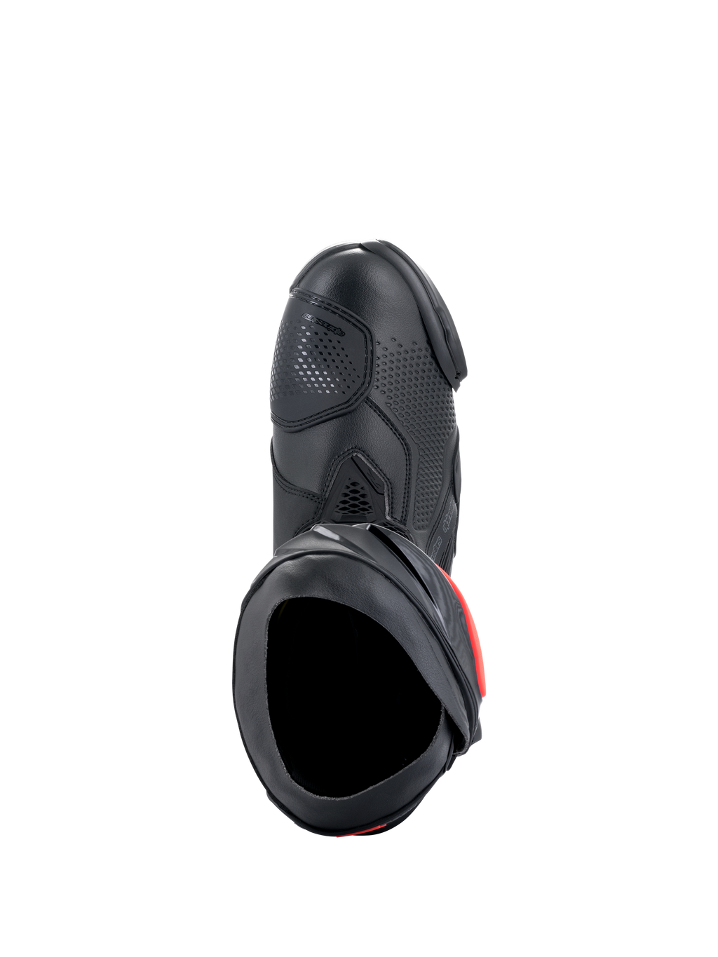 Buty Alpinestars Supertech R, wyczynowe buty motocyklowe wyścigowe, czarne z czerwonymi akcentami, widok z góry prezentujący cholewkę z mikrofibry, perforowaną strukturę, strefę zmiany biegów TPU oraz bezpieczny otwór wejściowy.