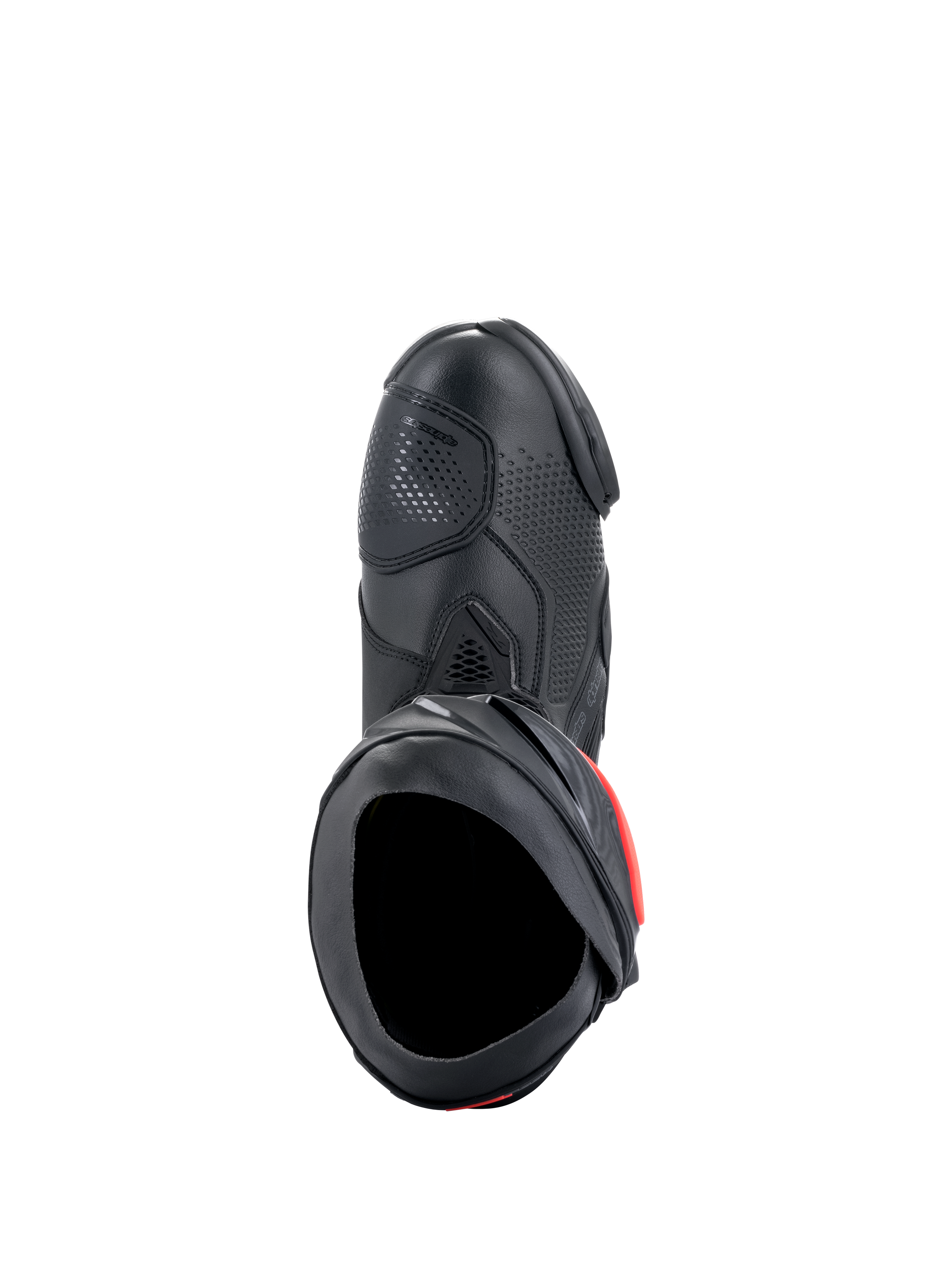 Buty Alpinestars Supertech R, wyczynowe buty motocyklowe wyścigowe, czarne z czerwonymi akcentami, widok z góry prezentujący cholewkę z mikrofibry, perforowaną strukturę, strefę zmiany biegów TPU oraz bezpieczny otwór wejściowy.