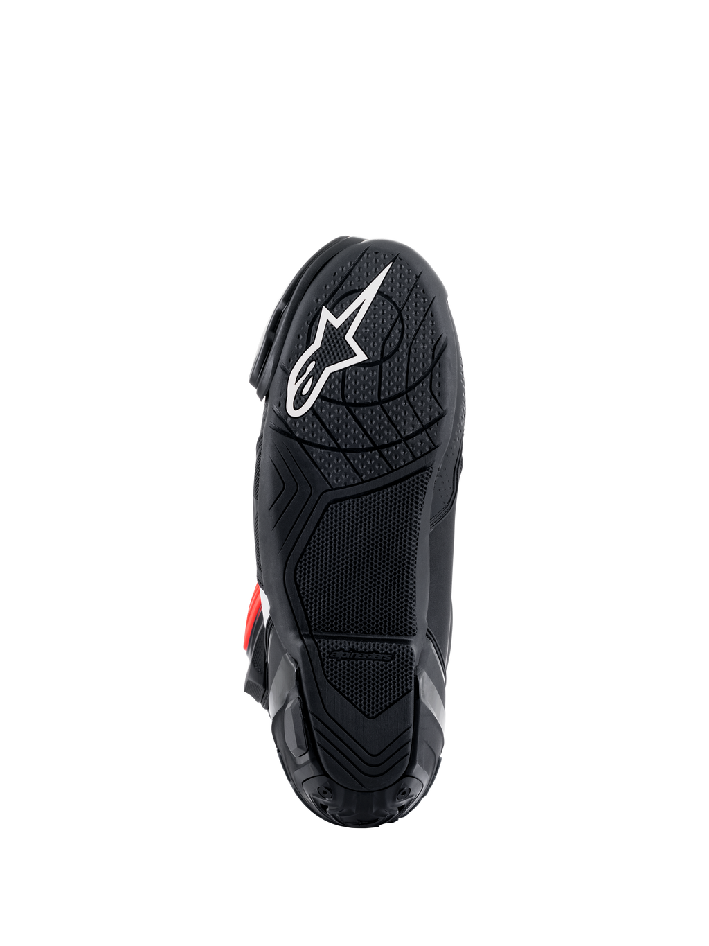 Buty Alpinestars Supertech R, widok na podeszwę, czarna lekka mieszanka gumowa z teksturowanym wzorem przyczepności, białe logo gwiazdy Alpinestars, wyczynowe wyścigowe obuwie motocyklowe