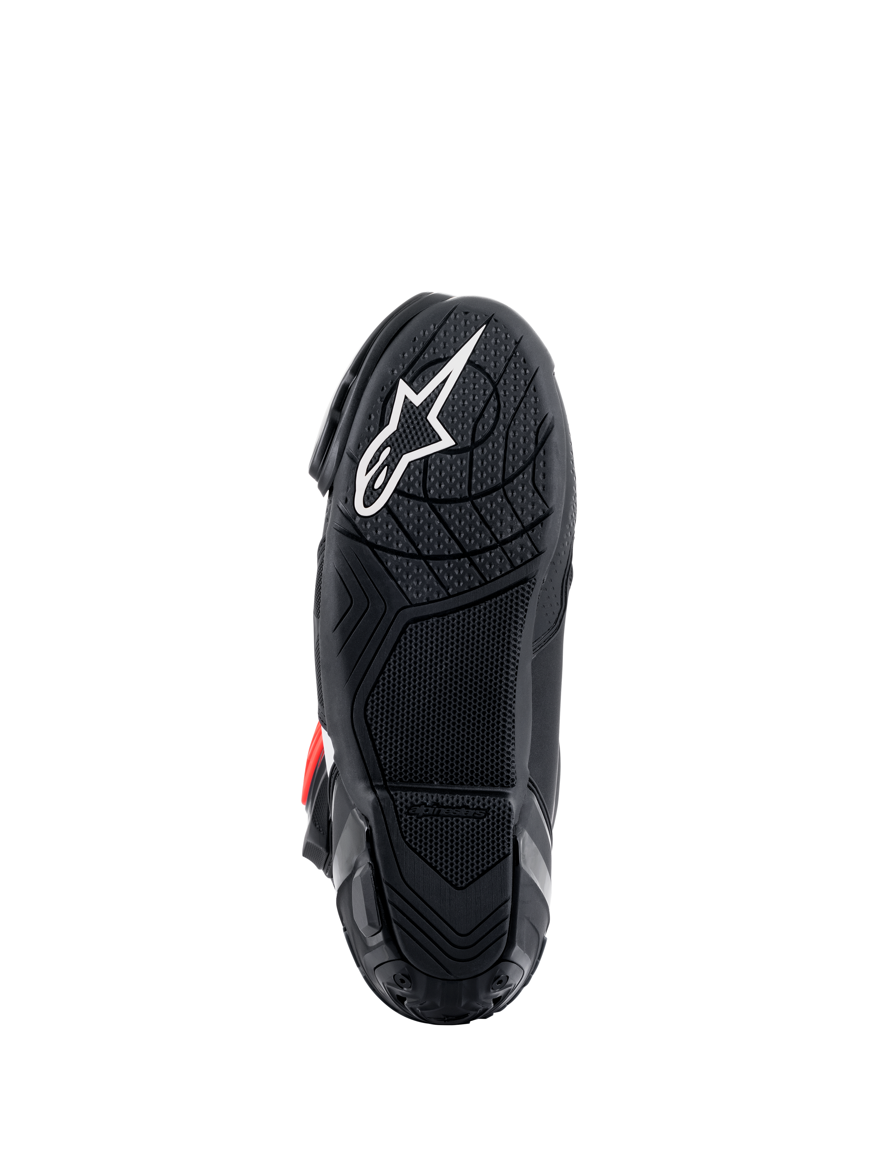 Buty Alpinestars Supertech R, widok na podeszwę, czarna lekka mieszanka gumowa z teksturowanym wzorem przyczepności, białe logo gwiazdy Alpinestars, wyczynowe wyścigowe obuwie motocyklowe