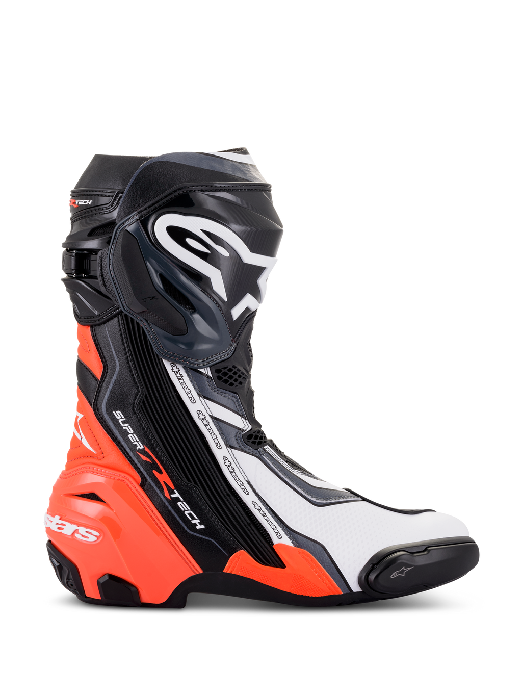 Buty Alpinestars Supertech R, wyczynowe obuwie motocyklowe wyścigowe, czarne, czerwone fluo, białe i szare, widok z profilu prezentujący ochraniacz piszczeli TPU i slider palców, aerodynamiczny design z wyraźnym logo, do użytku na torze i drodze.